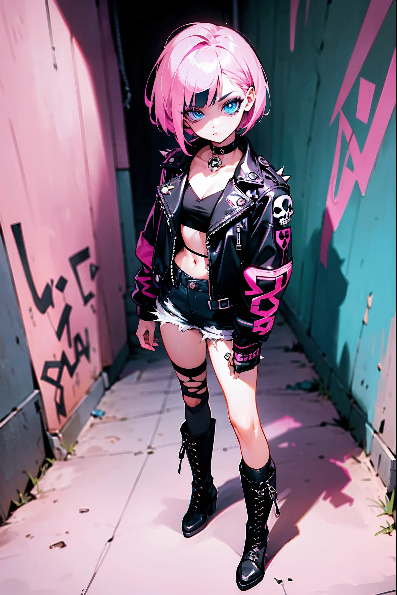 1female, short bob-cut pink hair, bright blue eyes, black leather jacket with skull embroidery, ripped jeans, black boots, spiked choker, neon-lit alleyway background with graffiti, detailed face, masterpiece, 8k, standing on path