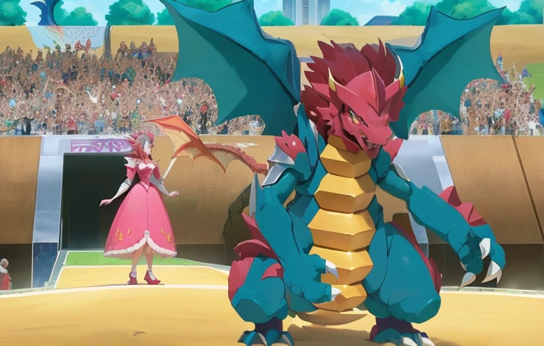 pokemon is standing in front of a crowd with a woman in a pink dress, slifer the sky dragon, colossal dragon in background, but as an anthropomorphic dragon, glamorous angewoman digimon, dragon in the background, human and dragon fusion, dragon in dragon lair, with scaly-looking armor, dra the dragon, pokemon anime style