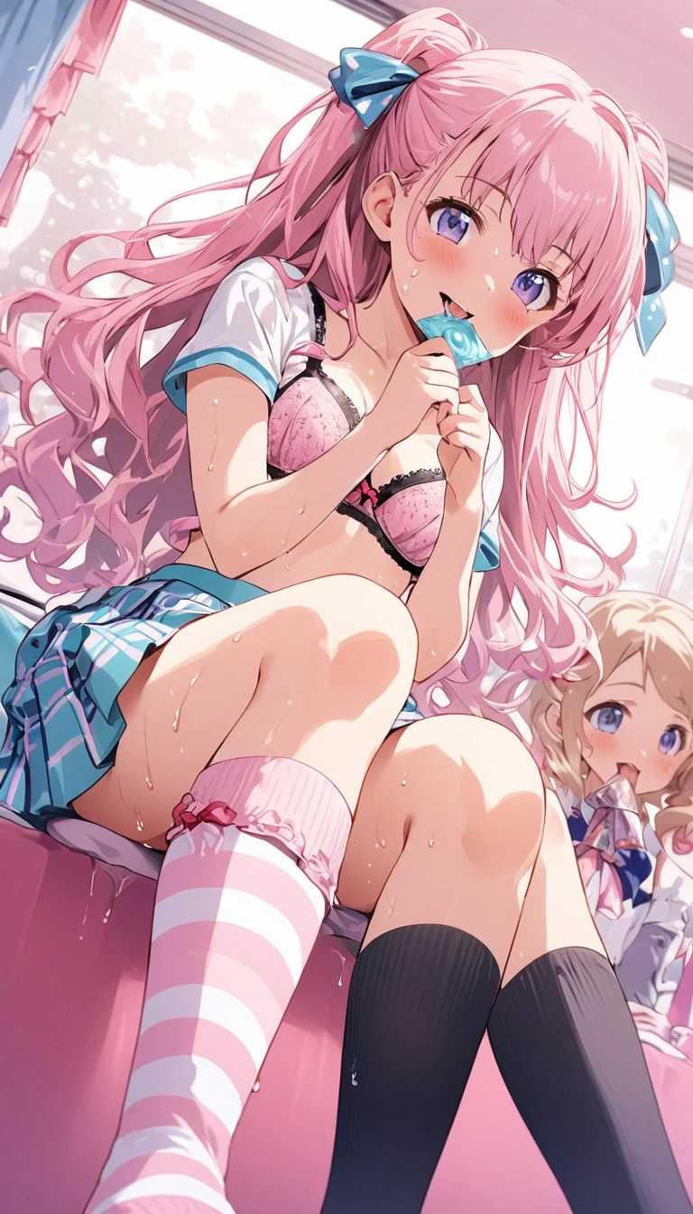 Clear painting style、beautiful girl、、Girly Hair、Pink Room、Girly Fashion、Pleated skirt、Knee socks、Highest quality, smile,Sit with your legs apart、girly panties、Girly Bra、Sweaty crotch、Low Angle、Cowboy Shot、Put your hands on your bra、Put a condom in your mouth