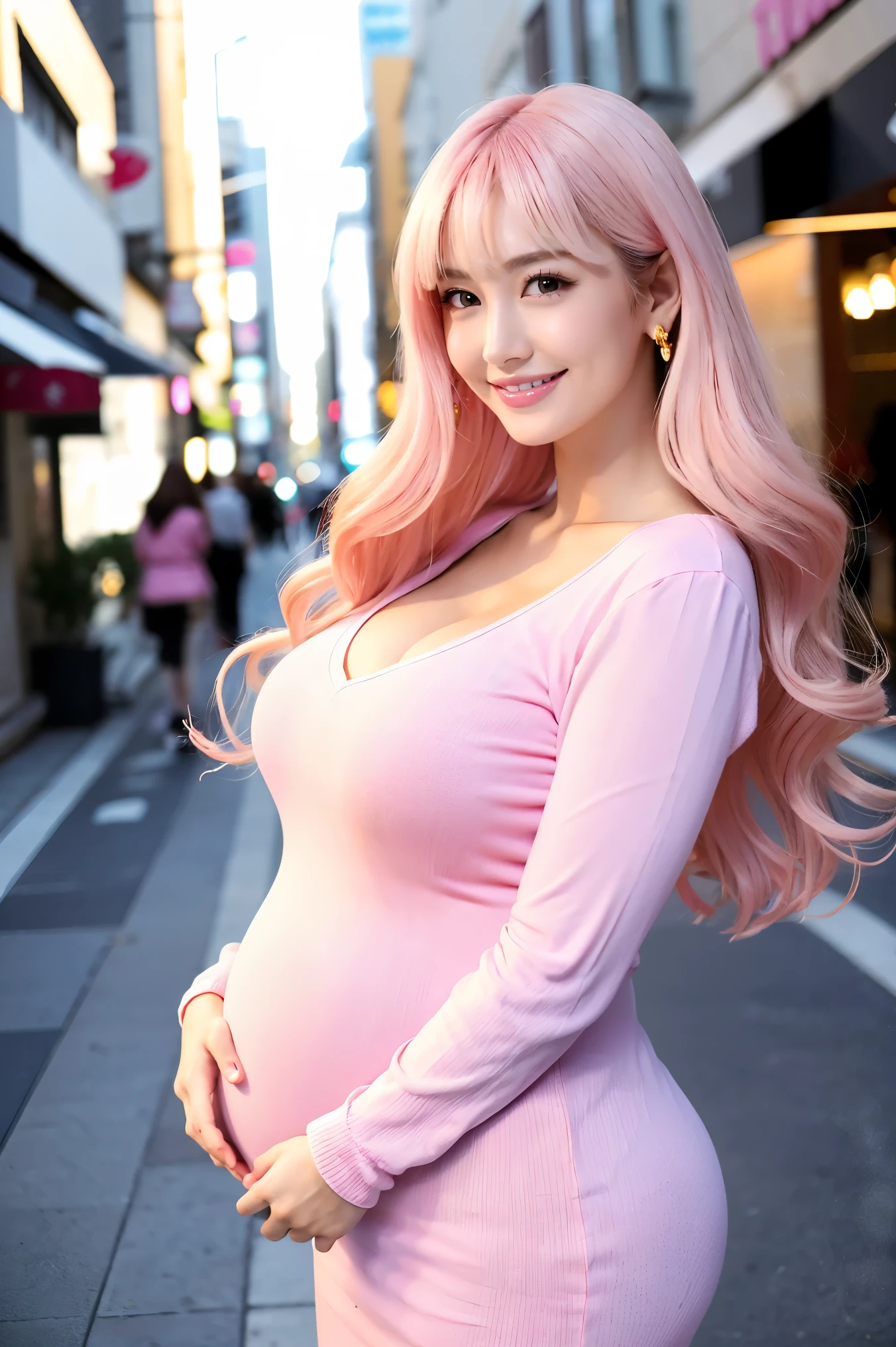 (Tabletop、highest quality、8k、Award-winning works、Ultra-high resolution)、One beautiful woman、(The perfect fluffy white V-neck long sleeve knit:1.3)、(golden and pink hair:1.2)、(bionde:1.2)、Bright color contacts、Perfect Makeup、Bright and shiny lipstick、(Very heavy makeup:1.1)、(Pink Eyeshadow:1.1)、Large Breasts、((huge pregnant))、(Voluptuous body:1.1)、Heavy makeup around the eyes、Very long wavy hair、The best smile you ever had when you saw me、(Accentuate your body lines:1.1)、(Strongly blurred vibrant Harajuku streetscape background:1.1)、(Strongly blurred background:1.1)、Accurate anatomy、Ultra HD Hair、(Ultra-high resolution for perfect, beautiful teeth:1.1)、Ultra-high definition beauty face、Ultra HD Hair、Ultra HD Shining Eyes、Shining, Ultra-high resolution beautiful skin、Ultra-high resolutionの艶やかな唇、Full-body photo of a person standing gracefully