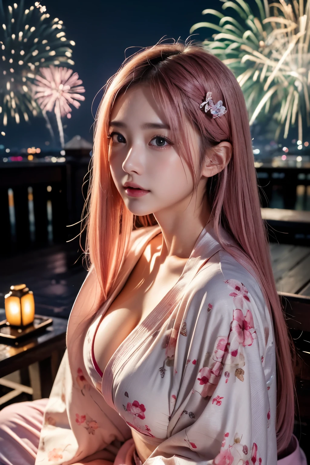 (8k、RAW Photosgraphy、Highest quality、masterpiece:1.2)、(Realistic、Realistic:1.37)、Ultra-high resolution、One Girl、cute、alone、night、Sitting、(Laughter:1.1)、chest 、Beautiful Eyes、(short hair:1.2)、(((Fireworks bursting into the sky、night)))、(((kimono、yukata)))、chestの谷間、Perfect body、Perfect Fingers、Professional Lighting、Japanese Goddess、gravure、Detailed face and skin texture、Detailed eyes、RAW Photos、Slim Yukata、appear,Pink Hair