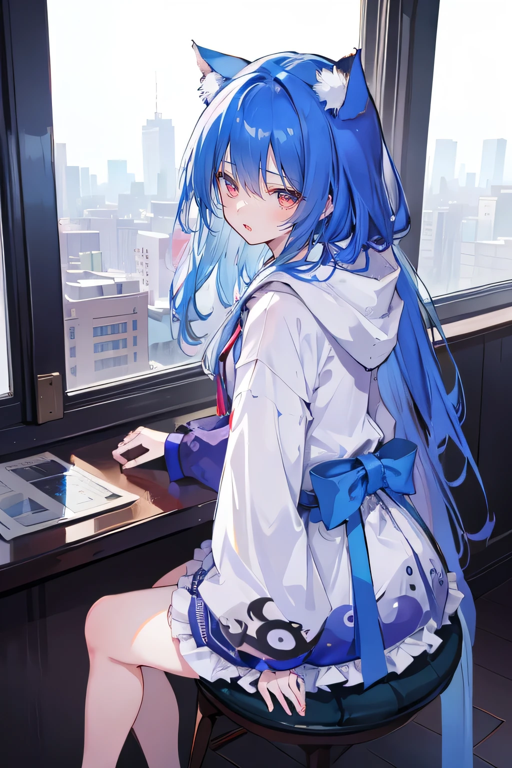 (masterpiece:1.uper detailed,lifelike,Expressive eyes,fair skin,perfect face shape,1 girl,
Japanese comics,Gorgeous blue hair,flowing blue hair,flowing clothes,Cat ears,Petals fall,beautiful lola,Baby Angel,
Shaking head with one hand,Cross your legs,smile, wearing hoodie, ,back views,snowing, winter,City Street Scene,winter。sitting on window, looking out the window,Turn your back to the audience。
