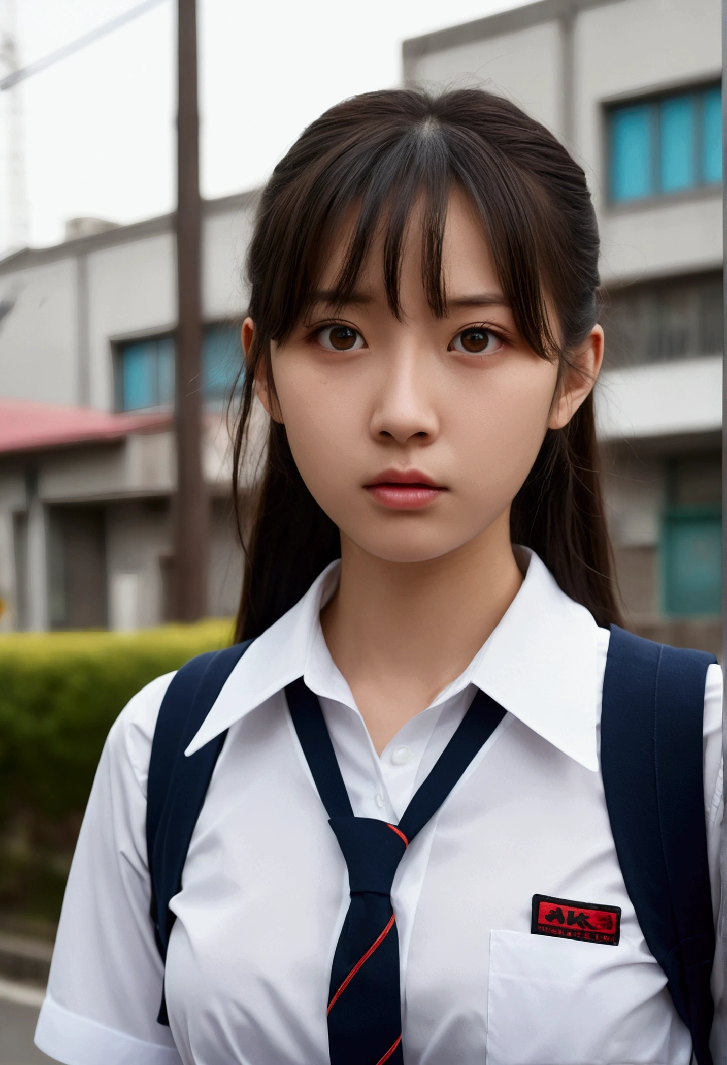 (((realistic photo shot))),, Portrait, (Face of fear:1.3),, Beautiful Girl, Looking at Viewer, , (School uniform:1.2), Shirt buttons and trousers, , (Big cleavage:1),, On Japan Street, (details in environment:1.3),, (Raw photo, cg unity, Photography, super realistic details, Sharp Focus, Detailed skin,4K, hight resolution, masutepiece, Best Quality, Realistic, Vibrant:1.2),, (8K,4K, nffsw, High resolution, Professional, Cinematic, movie, Dramatic),, (anamorphic depth of field blur background), Detailed background,