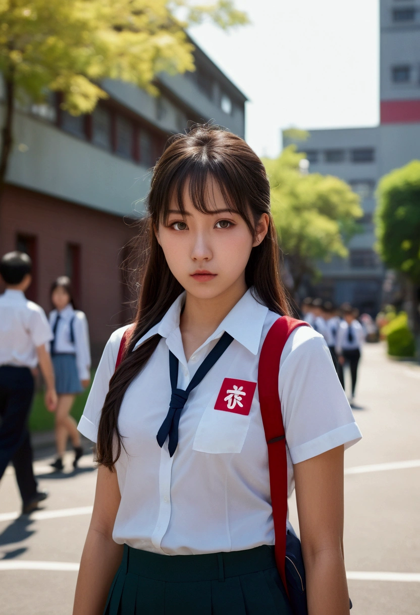 (((realistic photo shot))),, Portrait, (Face of fear:1.3),, Beautiful Girl, Looking at Viewer, , (School uniform:1.2), Shirt buttons and trousers, , (Big cleavage:1),, On Japan Street, (details in environment:1.3),, (Raw photo, cg unity, Photography, super realistic details, Sharp Focus, Detailed skin,4K, hight resolution, masutepiece, Best Quality, Realistic, Vibrant:1.2),, (8K,4K, nffsw, High resolution, Professional, Cinematic, movie, Dramatic),, (anamorphic depth of field blur background), Detailed background,