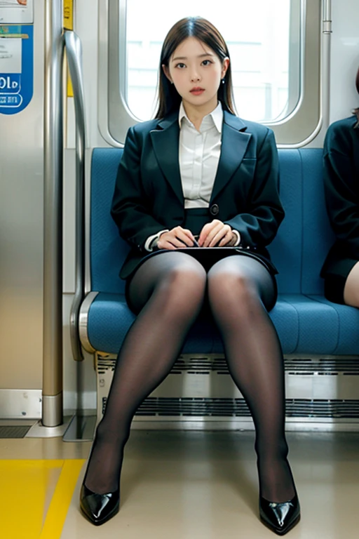 Middle-aged woman sitting on a train seat, Shot from the opposite seat, Knee height seat, skirt, pantyhose, High heels, Sexy Outfits, View the photographer