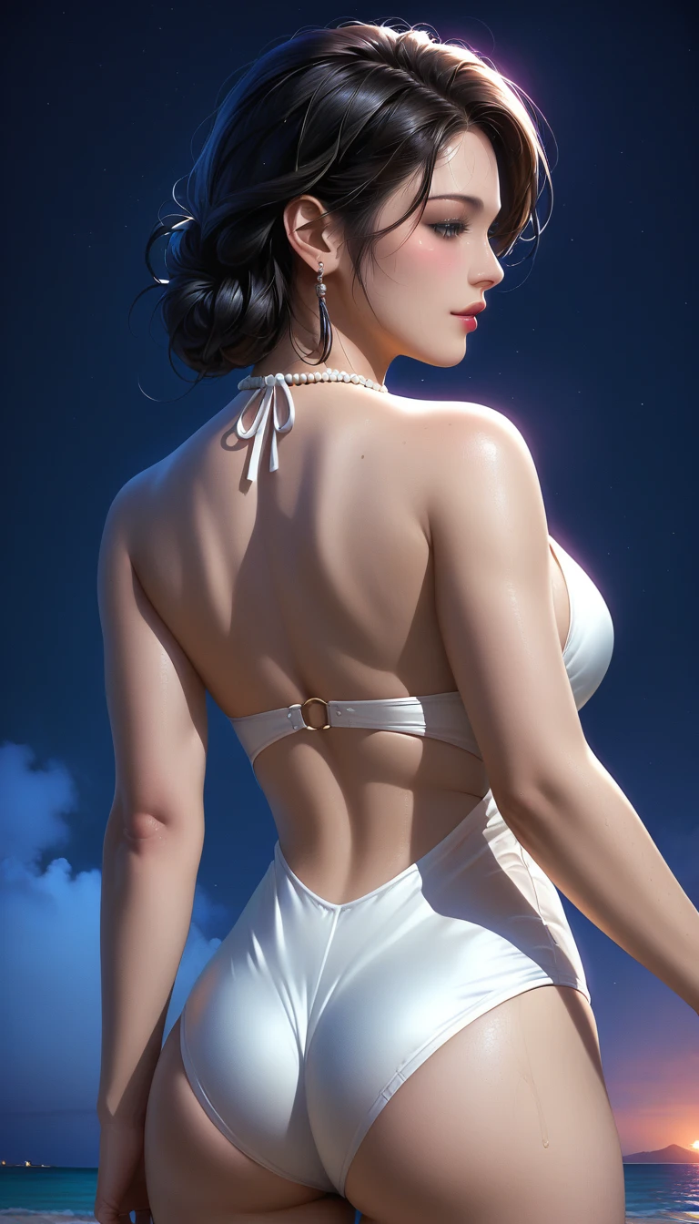 score_9, score_8_superior, score_7_superior, Masterpieces with up to 16K resolution,Highest quality,it is really amazing,Very detailed,Ultra-high resolution,(Ultra-realistic:1.1),(Realistic:1.1),Increased depth of field,Cinematic lighting,
Elegant Japanese MILF,
Long black hair,Ultra-detailed and beautiful faces,Translucent white skin,Very detailedな肌,
(Elegant white swimsuit:1.1),
Bold design,Artistic design,Beautiful and detailed pattern,Detailed fabric texture,
Gorgeous necklace,Earrings,
(Bali Beach:1.1),(Dark beach at night:1.1),(Deserted beach:1.1),(A pitch black night sky with dark clouds:1.1),
(Beautiful back view:1.1),