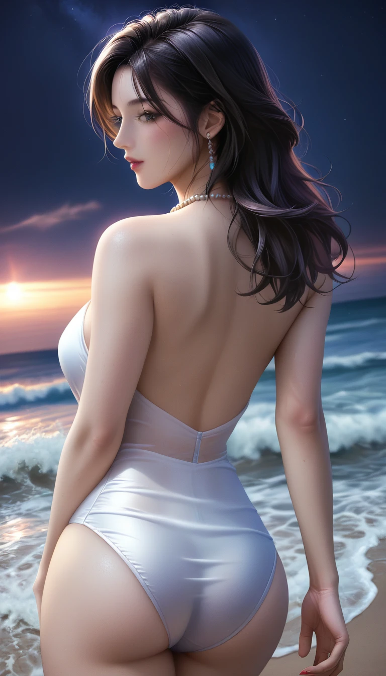 score_9, score_8_superior, score_7_superior, Masterpieces with up to 16K resolution,Highest quality,it is really amazing,Very detailed,Ultra-high resolution,(Ultra-realistic:1.1),(Realistic:1.1),Increased depth of field,Cinematic lighting,
Elegant Japanese MILF,
Long black hair,Ultra-detailed and beautiful faces,Translucent white skin,Very detailedな肌,
(Elegant white swimsuit:1.1),
Bold design,Artistic design,Beautiful and detailed pattern,Detailed fabric texture,
Gorgeous necklace,Earrings,
(Bali Beach:1.1),(Dark beach at night:1.1),(Deserted beach:1.1),(A pitch black night sky with dark clouds:1.1),
(Beautiful back view:1.1),