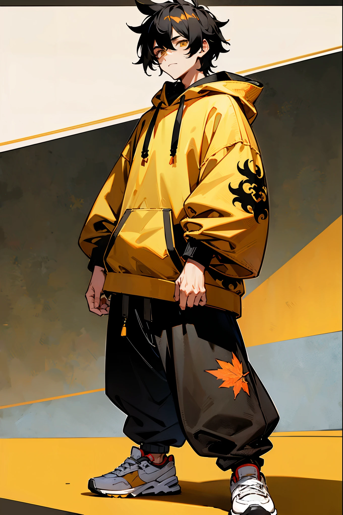 1male, messy black hair, golden eyes, casual expression, oversized black hoodie with dragon embroidery, baggy gray sweatpants, white sneakers, suburban street background with autumn leaves, detailed face, masterpiece, 8k, standing on path