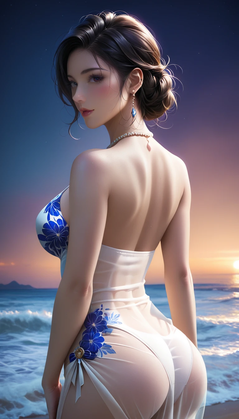 score_9, score_8_superior, score_7_superior, Masterpieces with up to 16K resolution,Highest quality,it is really amazing,Very detailed,Ultra-high resolution,(Ultra-realistic:1.1),(Realistic:1.1),Increased depth of field,Cinematic lighting,
Elegant Japanese MILF,
Long black hair,Ultra-detailed and beautiful faces,Translucent white skin,Very detailedな肌,
(Elegant white swimsuit:1.1),
Bold design,Artistic design,Beautiful and detailed pattern,Detailed fabric texture,
Gorgeous necklace,Earrings,
(Bali Beach:1.1),(Dark beach at night:1.1),(Deserted beach:1.1),(A pitch black night sky with dark clouds:1.1),
(Beautiful back view:1.1),