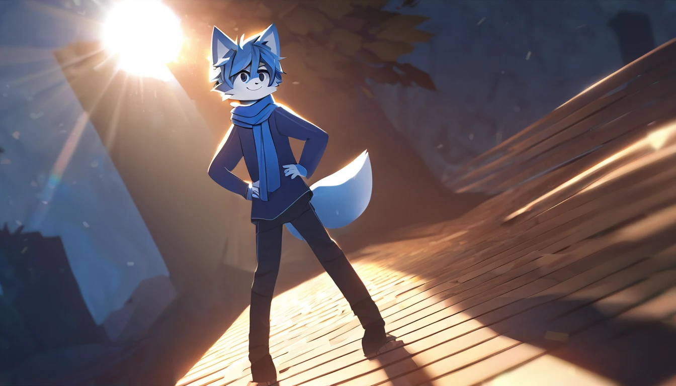 cinematic shadow, high-quality illustrations, dynamic lighting, lens flare, cinematic angle, highres, top quality, best quality,furry male, furry, solo, animal ears, 1boys, tail, blue hair, full body, white fur, body fur, two-tone fur, short hair, blue fox ears, looking at viewer, pants, standing, animal nose, long sleeves, outdoors, fox boy, fox tail, blue fur, blue scarf, hand on own hip,smile,roblox style
