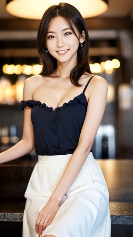 A superb exquisite real beautiful girl, semi-long hair, extremely exquisite facial features, peerless beautiful girl, formal suit, navy bare shoulder dress, slender, small breasts, exposed thighs, long skirt, sweet shy smile with teeth, soft, dreamy quality, light white and dark brown, exaggerated facial features, solid color, frank off-white, surreal, ultra-clear, beautiful, cute and lively, background at the bar counter,
