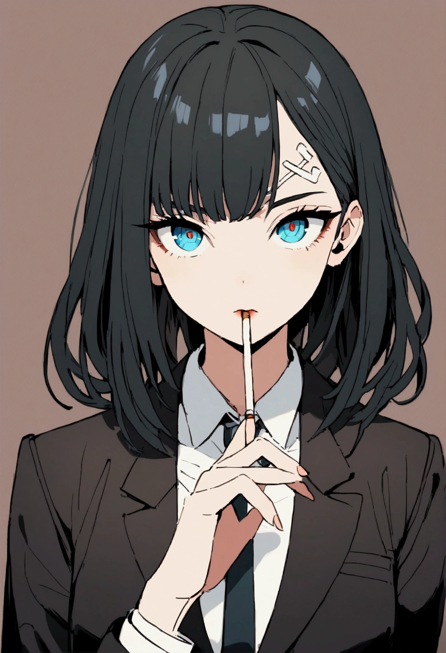 a woman in a suit, looking at viewer with sharp eyes, she holds the cigarette with one hand, beautiful, blue eyes and short, black hair, hair bangs on the forehead, front view