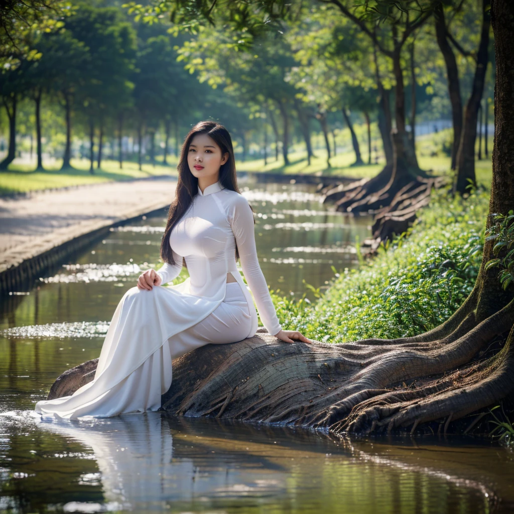 ((Ao Dai, chubby body, big breasts, big breasts, big breasts, sitting on the bank of a stream, the scenery around the stream is very beautiful, green plants and trees, face with high lifelike detail, face Southeast Asian face)), ((proportioned eyes, beautiful eyes, beautiful lips)), ((round breasts, firm breasts)), ((high quality detailed photos, 8k photo quality)), (( fat body, fat, wide angle photo))