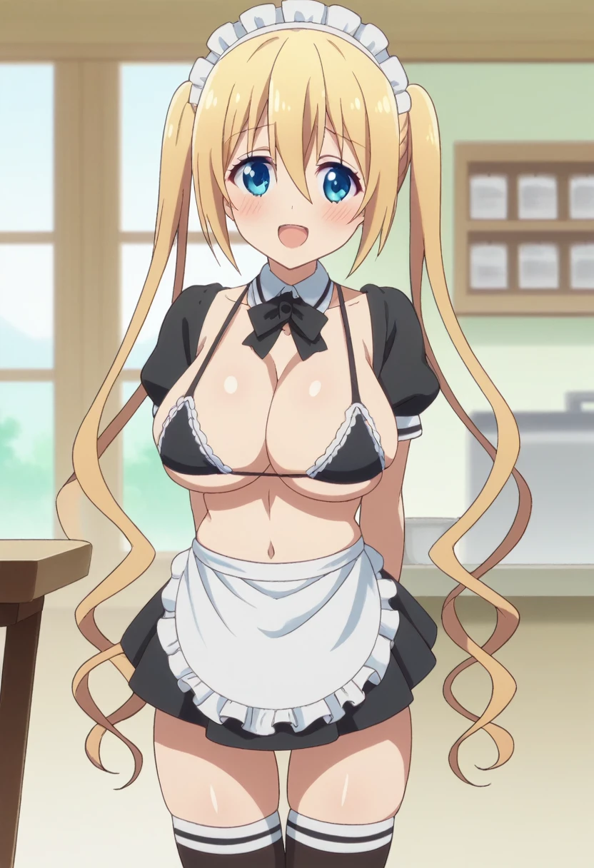 score_9, score_8_up, score_7_up, source_anime, 1girl, solo, megami magazine, blend s, hinata kaho, blue eyes, blonde hair, long hair, twintails, hair between eyes, large breasts, maid, maid headdress, detached collar, bikini, maid bikini, skindentation, frills, apron, frilled apron, maid apron, waist apron, collarbone, navel, skirt, miniskirt, thighhighs, skindentation, cleavage, zettai ryouiki, ass visible through thighs, thigh gap, cowboy shot, arms behind back, looking at viewer, indoors, cafe, window, blush, smile, :d, open mouth