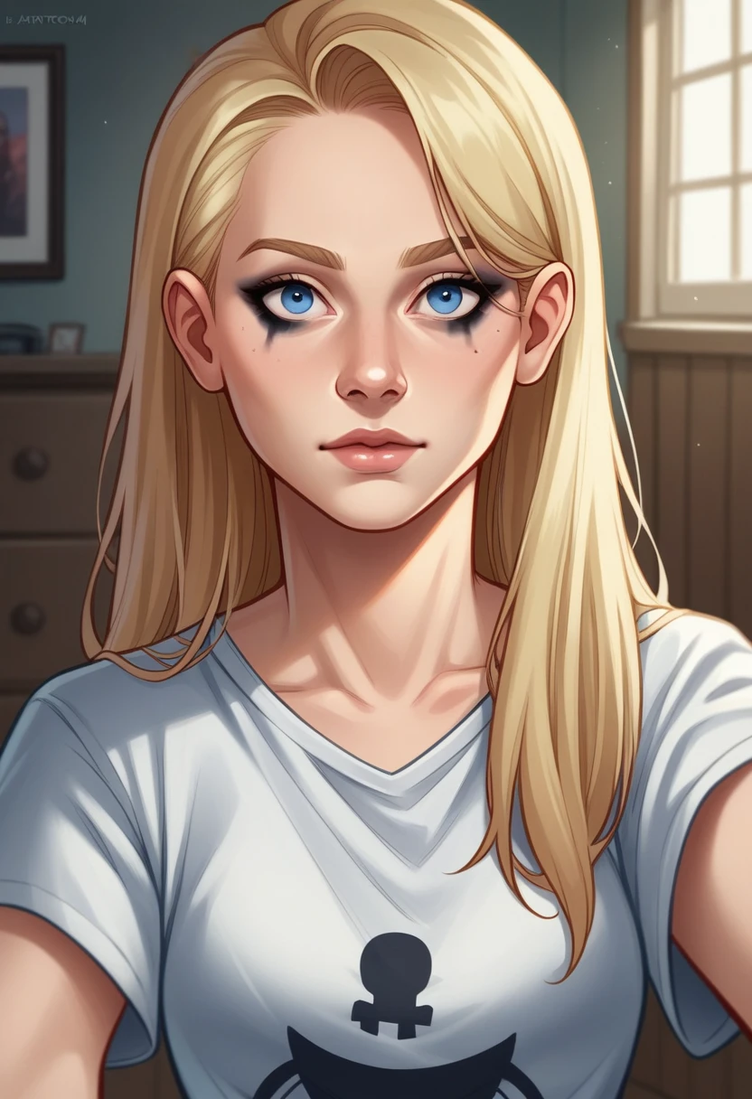 woman with t-shirt, blue-eyed, Portrait showing your beautiful face 😊, portraite , blonde hair and large eyes, selfie of a young woman, Eyes in the room, violet myers, Ahne makeup, Make-up natural, looking directly at the camera, guy with artgram, subtle make-up