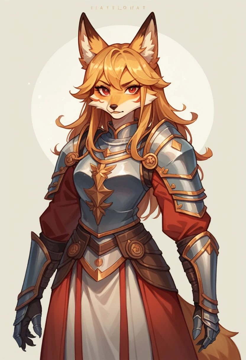(alone),anime,Fox Girl,Wearing medieval armor, Red Eyes,Paladin,((furry,)) (She is standing),((whole body,Facing left,)),Golden fur, Golden facial fur, long golden hair,