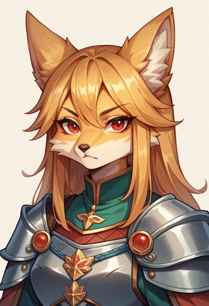 (alone),anime,Fox Girl,Wearing medieval armor, Red Eyes,Paladin,((furry,)) (She is standing),((whole body,Facing left,)),Golden fur, Golden facial fur, long golden hair,