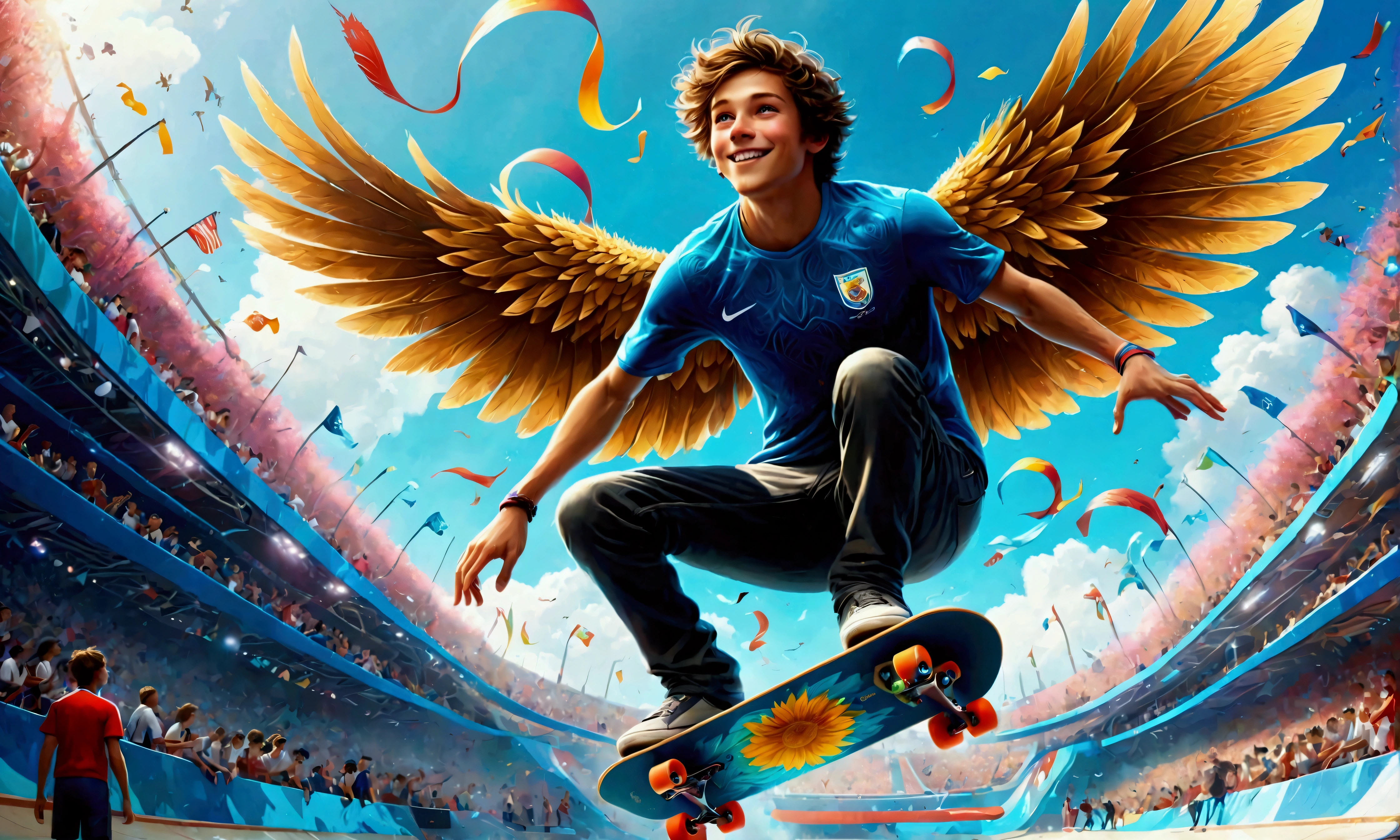 (Summer Olympics Skateboarding Competition: Park: Air),smiling skateboarder,An image depicting a skateboarding competition scene at the Summer Olympics. The film focuses on the moment a skateboarder uses the ramp to launch into the air and perform a dynamic air trick at a skate park. The athlete is wearing casual skateboarding clothing and maintains his balance in the air with a concentrated look on his face. In the background you can see the excited atmosphere in the stands and the Olympic logo and flag. The overall atmosphere is energetic and dynamic, and the player's skill and boldness stand out.,dynamic pose,Grows wings like a large bird on the player's back,It's like flying,Uplifting,halation,The blue summer sky spreads out,wind effect,Sparkling,beautiful light and shadow,anatomically correct,perfect anatomy,intricate details,(masterpiece:1.3),(highest quality:1.4),(ultra detailed:1.5),High resolution,extremely detailed,unity 8k wallpaper