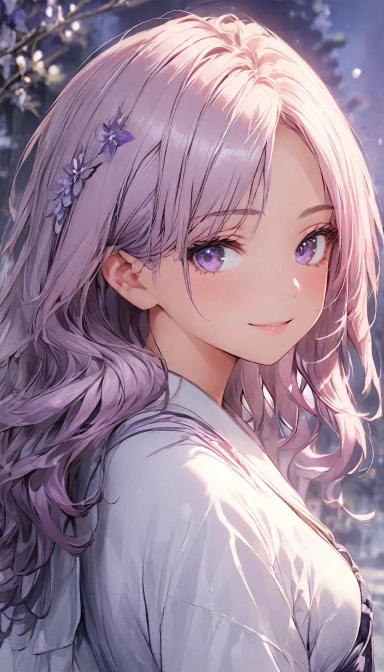 最high quality, high quality, pretty girl, alone, beautiful purple hair, Beautiful purple eyes, A light smile,