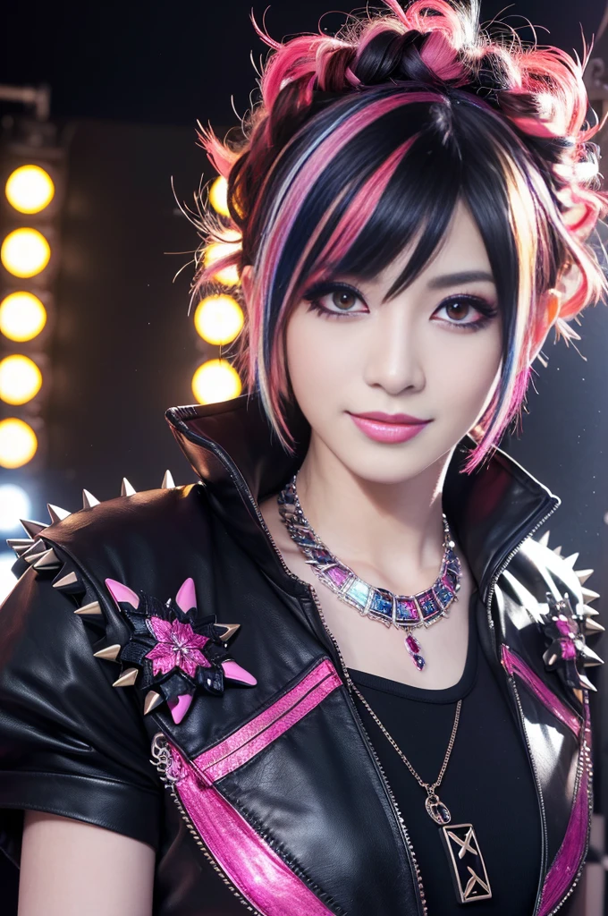 (masterpiece:1.4), (best quality:1.4), ultra high res, ultra high resolution, ((ultra detailed facial features)), HDR, (realistic, photorealistic, photo-realistic:1.37), 1 man, full body Esbian, sexy Japanese male, (-anime), vivid colors, ((vivid colors multicolor (Visual Kei style spikes and curls very short hair))), (big smile), ultra detailed glam rock makeup, bold lip-color, long lashes, defined eyebrows, wearing large dramatic Nana Visual Kei jewelery, wearing a Nana Visual Kei cosplay, ((vivid Nana Visual Kei outfit)), layered clothing, look at the camera, cinematic light, rockstar festival stage background with multicolor lights, sweet and sexy pose