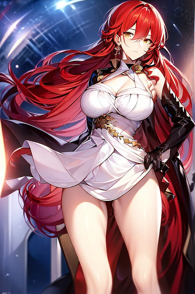 ((masterpiece)),((Highest quality)),High resolution,Highly detailed CG,Perfect lighting,8k wallpaper, One Girl,Alone,now\(character\),Bust Shot,looking at the camera,White long dress,Black jacket,Very large breasts,Very large breasts,Very thick legs,Red Hair,Long Hair,Fascinating face