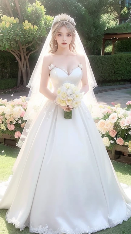 ((Highest quality))、((Very detailed))、(Huge breasts:1.4)、(Wide Hips:1.2)、20-year-old、(Detailed eyes:1.3)、Beautiful body lines、(Random gravure idol poses)、Platinum Blonde Hair、(flower wedding dress:1.4)、garden、wedding