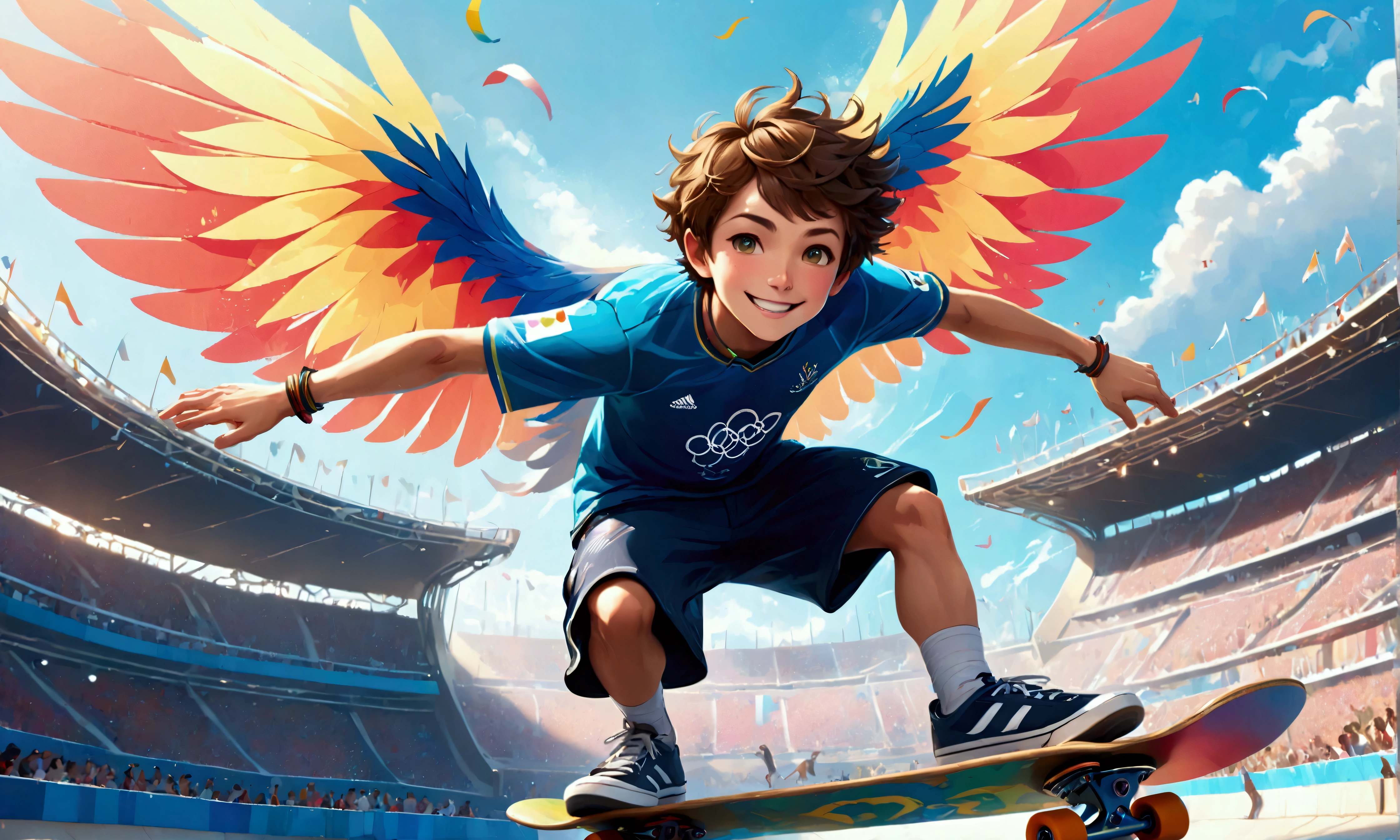 (Summer Olympics Skateboarding Competition: Park: Air),smiling skateboarder,An image depicting a skateboarding competition scene at the Summer Olympics. The film focuses on the moment a skateboarder uses the ramp to launch into the air and perform a dynamic air trick at a skate park. The athlete is wearing casual skateboarding clothing and maintains his balance in the air with a concentrated look on his face. In the background you can see the excited atmosphere in the stands and the Olympic logo and flag. The overall atmosphere is energetic and dynamic, and the player's skill and boldness stand out.,dynamic pose,Grows wings like a large bird on the player's back,It's like flying,Uplifting,halation,The blue summer sky spreads out,wind effect,Sparkling,beautiful light and shadow,anatomically correct,perfect anatomy,intricate details,(masterpiece:1.3),(highest quality:1.4),(ultra detailed:1.5),High resolution,extremely detailed,unity 8k wallpaper