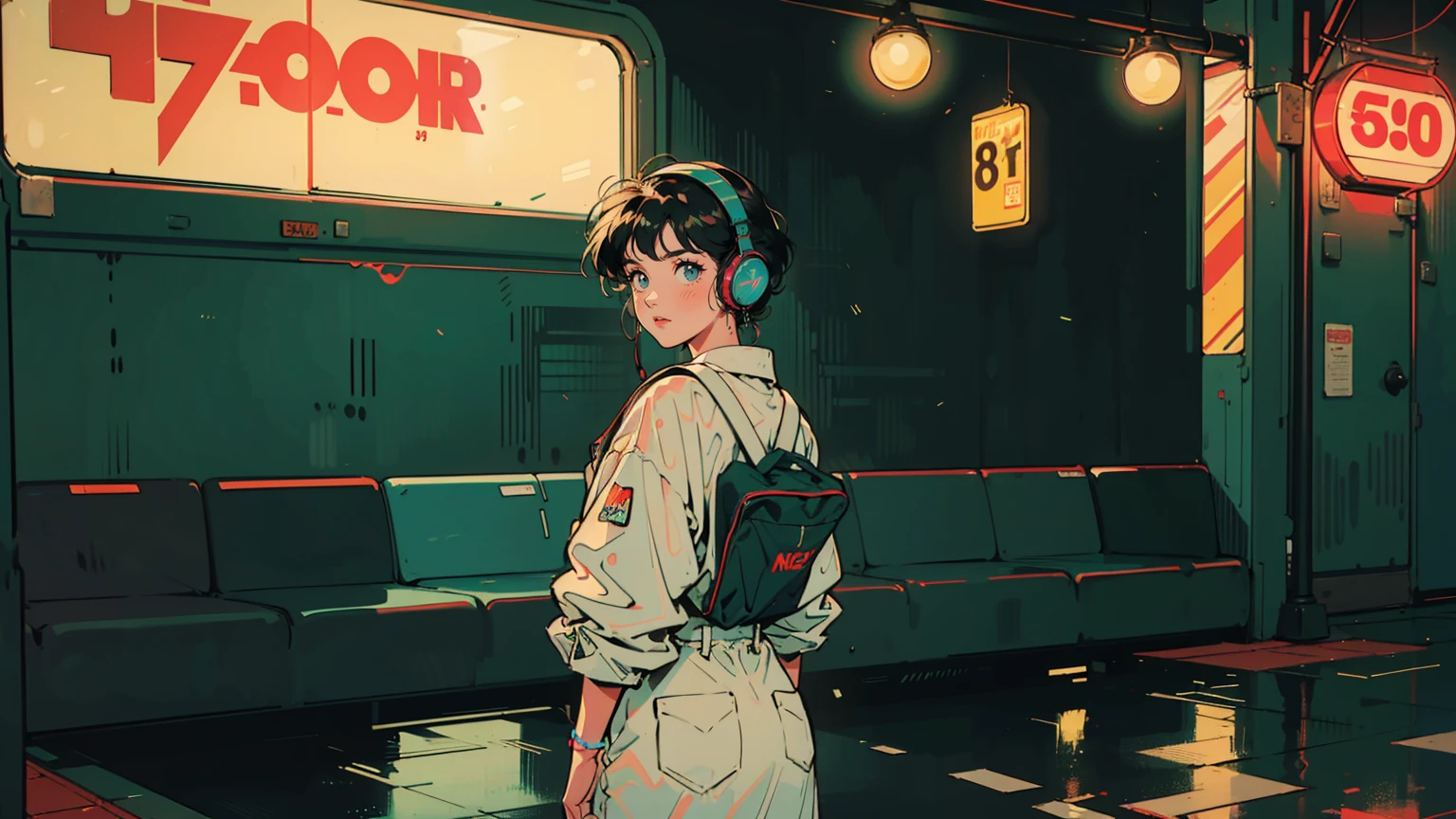 A vibrant 1980s neon-lit cityscape at night forms the backdrop. In the foreground, a 21-year-old girl in 80's style stands safely near a train platform. She's wearing white clothes that contrast beautifully with the colorful neon lights, and has headphones on. The girl is looking back towards the viewer. A green and yellow streetcar is stopping at the platform. Neon signs and glowing billboards line the streets, reflecting off wet pavement. The overall scene has a retro, nostalgic feel with a synthwave aesthetic.