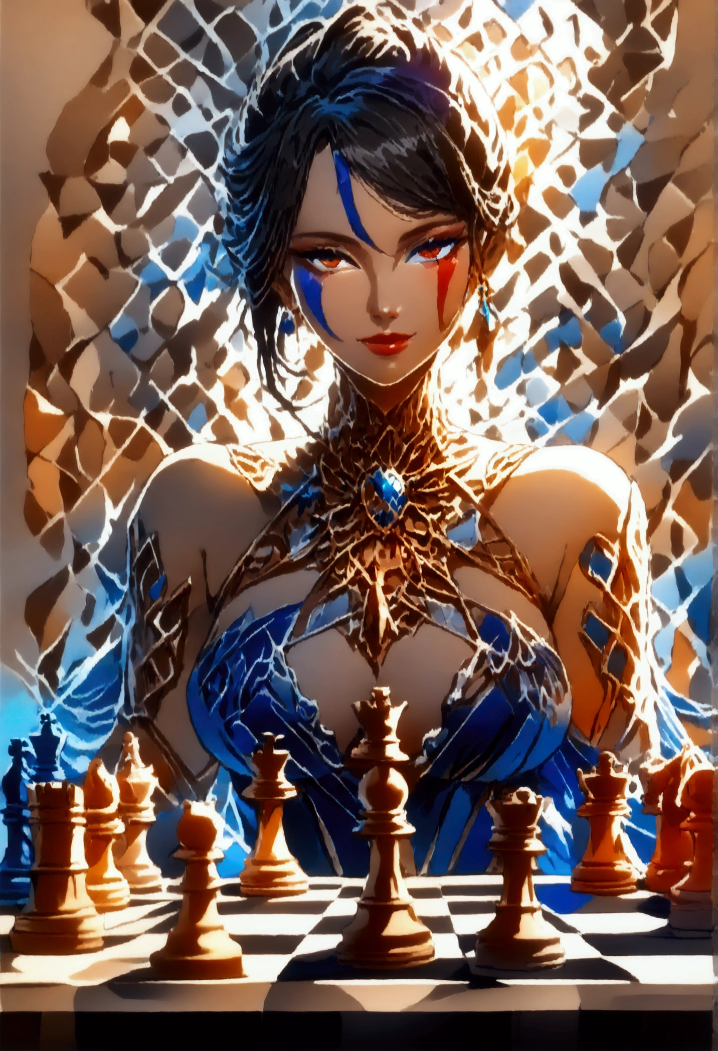 a picture of a woman winning chess game, a beautiful woman ((full body shot: 1.5)), ((anatomically correct: 1.5)) (ultra detailed face: 1.4), dynamic skin complexion, dynamic hair style, dynamic hair color, winning a chess game at chess tournament, she is dressed in elegant dress, intricate dress, dynamic color dress, dynamic style dress, wearing high heels, a look of satisfaction, a look of victory, a look of overcoming great obstacle, chess tournament background,  vibrant, Ultra-high resolution, High Contrast, (masterpiece:1.5), highest quality, Best aesthetics), best details, best quality, highres, 16k, [ultra detailed], masterpiece, best quality, (extremely detailed), Cinematic Hollywood Film style