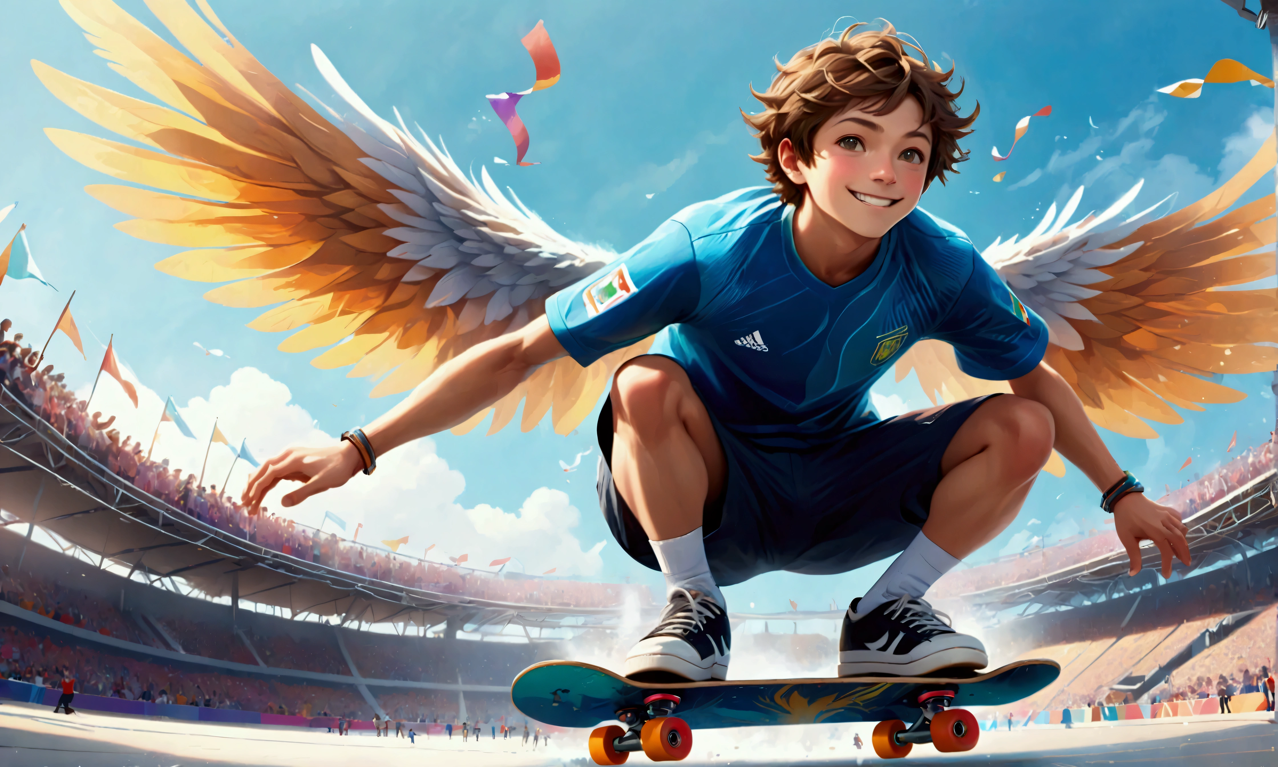 (Summer Olympics Skateboarding Competition: Park: Air),smiling skateboarder,An image depicting a skateboarding competition scene at the Summer Olympics. The film focuses on the moment a skateboarder uses the ramp to launch into the air and perform a dynamic air trick at a skate park. The athlete is wearing casual skateboarding clothing and maintains his balance in the air with a concentrated look on his face. In the background you can see the excited atmosphere in the stands and the Olympic logo and flag. The overall atmosphere is energetic and dynamic, and the player's skill and boldness stand out.,dynamic pose,Grows wings like a large bird on the player's back,It's like flying,Uplifting,halation,The blue summer sky spreads out,wind effect,Sparkling,beautiful light and shadow,anatomically correct,perfect anatomy,intricate details,(masterpiece:1.3),(highest quality:1.4),(ultra detailed:1.5),High resolution,extremely detailed,unity 8k wallpaper