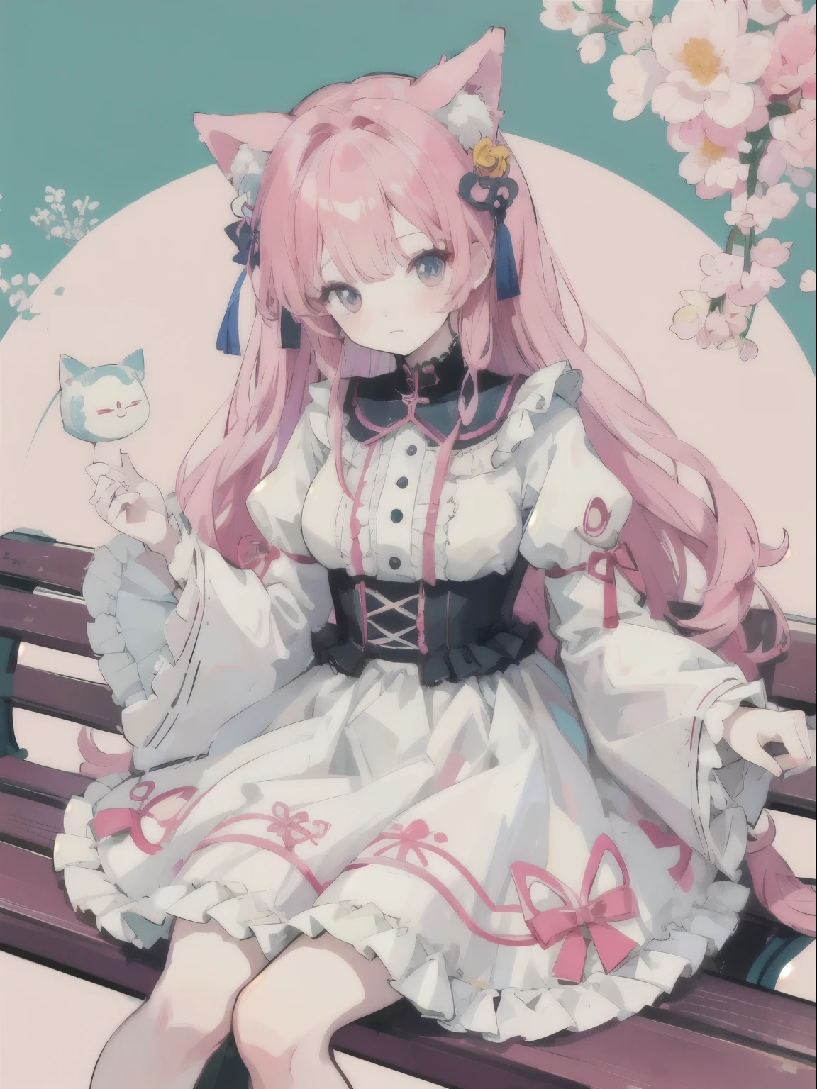 Anime pictures。Bright and pretty shades。Cute woman with cat ears around 18 years old sitting on a bench。Clothing designed in the image of Hungarian national costumes。。Flowers are dancing。Cute geometric pattern background。Very high quality、Highest image quality、Sheet masks、Most aesthetically pleasing