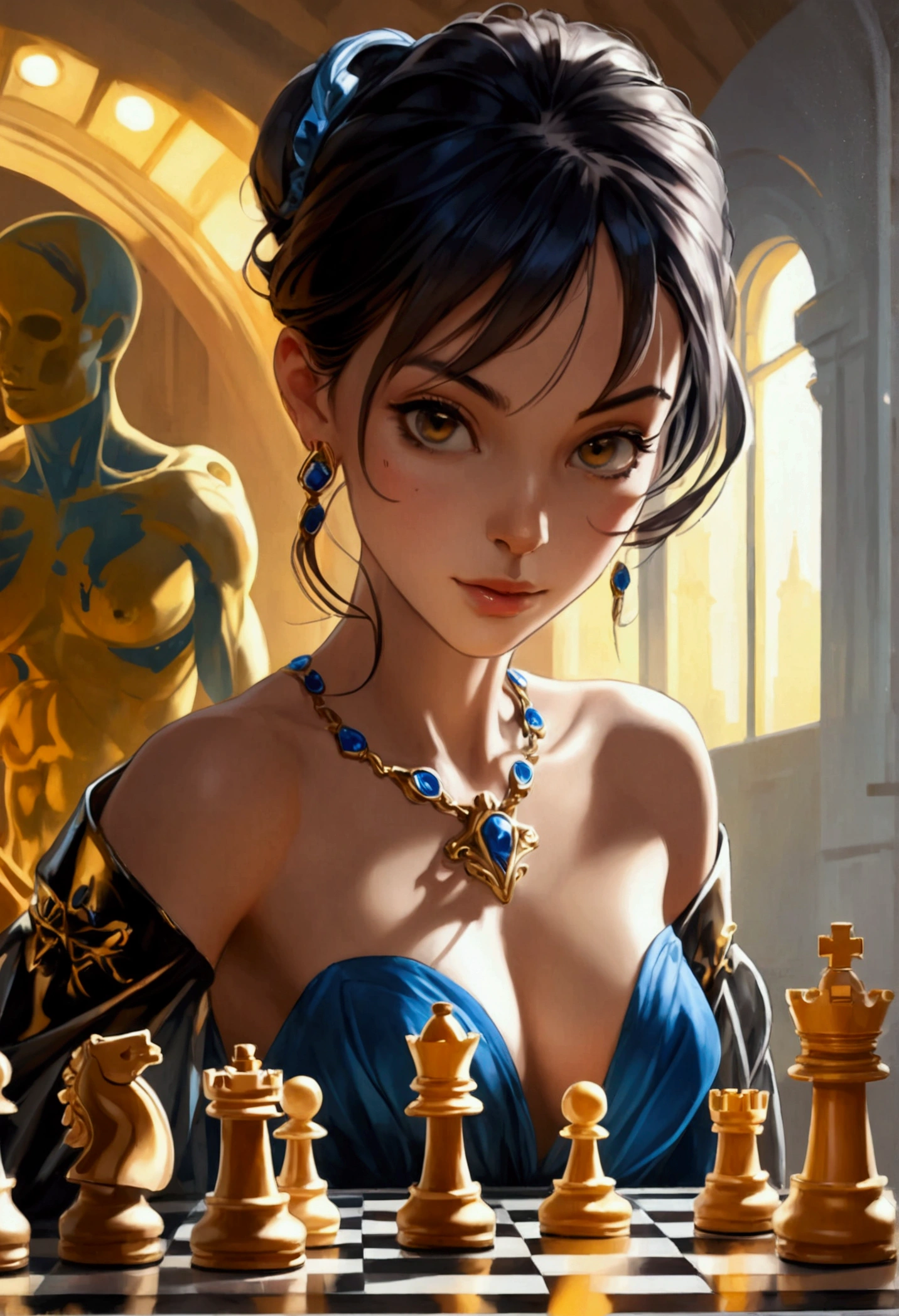 a picture of a woman winning chess game, a beautiful woman ((full body shot: 1.5)), ((anatomically correct: 1.5)) (ultra detailed face: 1.4), dynamic skin complexion, dynamic hair style, dynamic hair color, winning a chess game at chess tournament, she is dressed in elegant dress, intricate dress, dynamic color dress, dynamic style dress, wearing high heels, a look of satisfaction, a look of victory, a look of overcoming great obstacle, chess tournament background,  vibrant, Ultra-high resolution, High Contrast, (masterpiece:1.5), highest quality, Best aesthetics), best details, best quality, highres, 16k, [ultra detailed], masterpiece, best quality, (extremely detailed), Cinematic Hollywood Film style