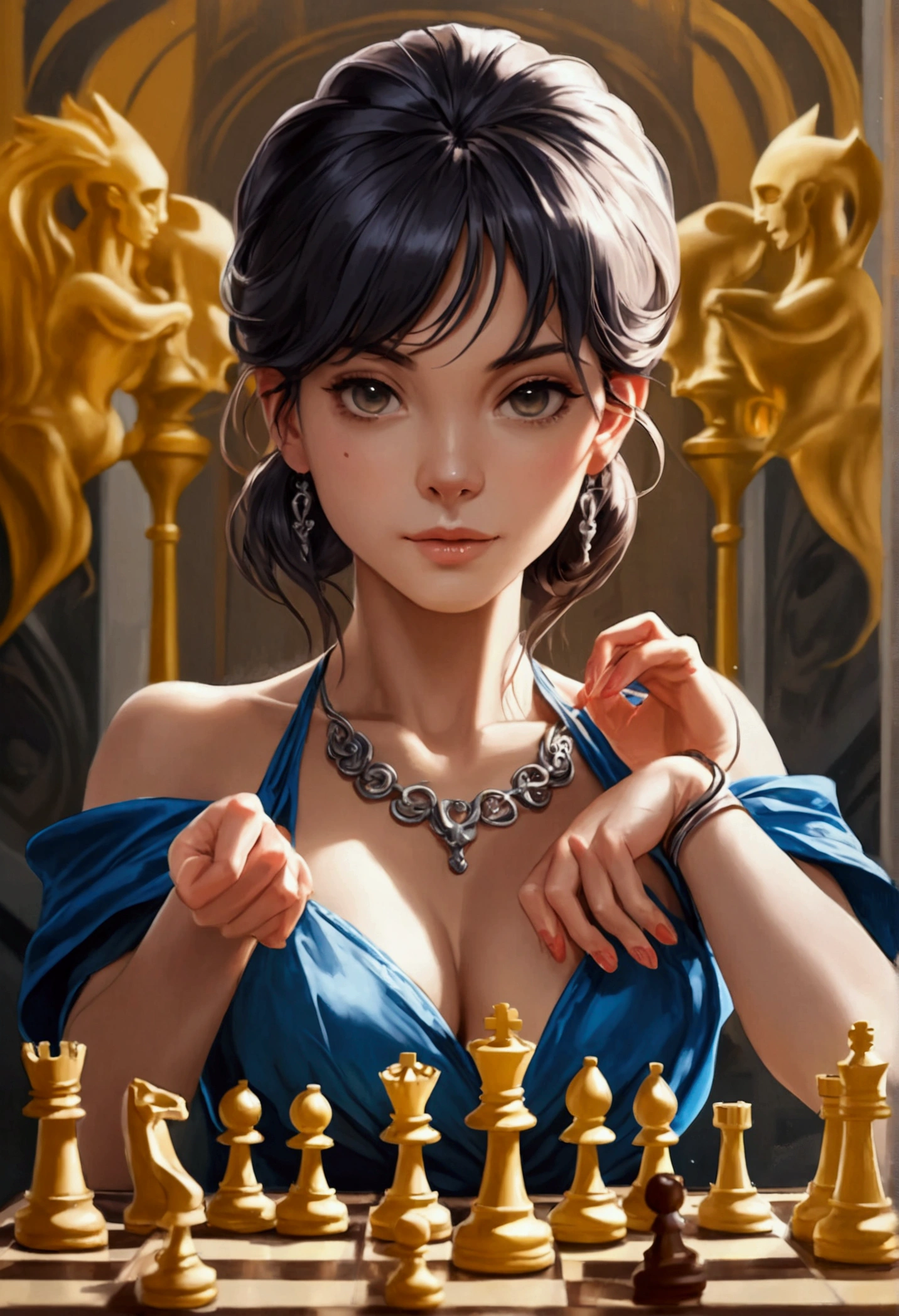 a picture of a woman winning chess game, a beautiful woman ((full body shot: 1.5)), ((anatomically correct: 1.5)) (ultra detailed face: 1.4), dynamic skin complexion, dynamic hair style, dynamic hair color, winning a chess game at chess tournament, she is dressed in elegant dress, intricate dress, dynamic color dress, dynamic style dress, wearing high heels, a look of satisfaction, a look of victory, a look of overcoming great obstacle, chess tournament background,  vibrant, Ultra-high resolution, High Contrast, (masterpiece:1.5), highest quality, Best aesthetics), best details, best quality, highres, 16k, [ultra detailed], masterpiece, best quality, (extremely detailed), Cinematic Hollywood Film style