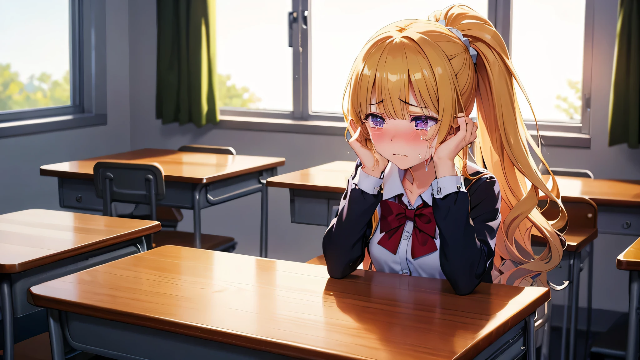 masterpiece, best quality, highres, perfect hands, (Kei Karuizawa, (1girl), blonde hair, long ponytail hairstyles, violet eyes), jewelry, sad expression, sadness, perfect body, small breast, slingshot, blush, in classroom, school, school outfits, sit down, sitting in a chair, classroom window, focus on face,( crying, cry, (one hands covering the tears that came out))
