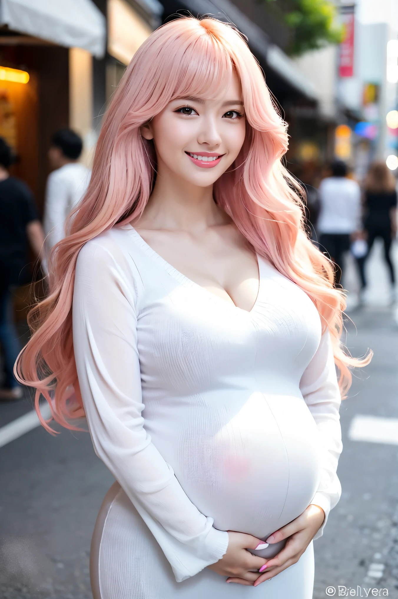 (Tabletop、highest quality、8k、Award-winning works、Ultra-high resolution)、One beautiful woman、(The perfect fluffy white V-neck long sleeve knit:1.3)、(golden and pink hair:1.2)、(bionde:1.2)、Bright color contacts、Perfect Makeup、Bright and shiny lipstick、(Very heavy makeup:1.1)、(Pink Eyeshadow:1.1)、Large Breasts、((huge pregnant))、(Voluptuous body:1.1)、Heavy makeup around the eyes、Very long wavy hair、The best smile you ever had when you saw me、(Accentuate your body lines:1.1)、(Strongly blurred vibrant Harajuku streetscape background:1.1)、(Strongly blurred background:1.1)、Accurate anatomy、Ultra HD Hair、(Ultra-high resolution for perfect, beautiful teeth:1.1)、Ultra-high definition beauty face、Ultra HD Hair、Ultra HD Shining Eyes、Shining, Ultra-high resolution beautiful skin、Ultra-high resolutionの艶やかな唇、Full-body photo of a person standing gracefully
