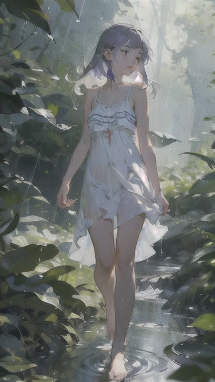 In the rain in the summer forest、Walking barefoot in a light summer sundress、A slender girl with a very beautiful and graceful face, Purple thunderstorm, In watercolor style, nude