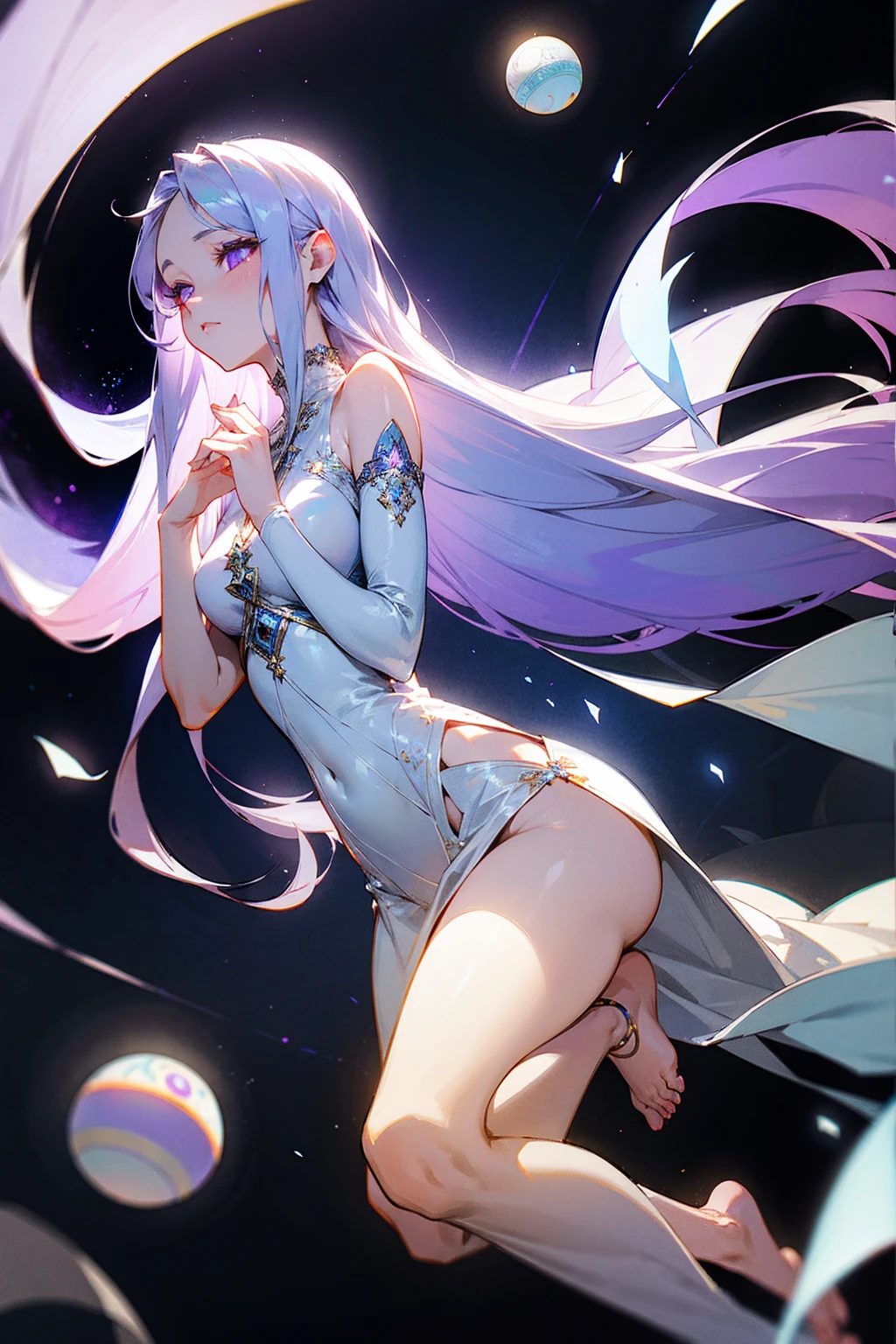 1female, long straight silver hair, violet eyes, ethereal aura, white flowing gown with star embroidery, barefoot, ancient ruins background with glowing orbs, detailed face, masterpiece, 8k