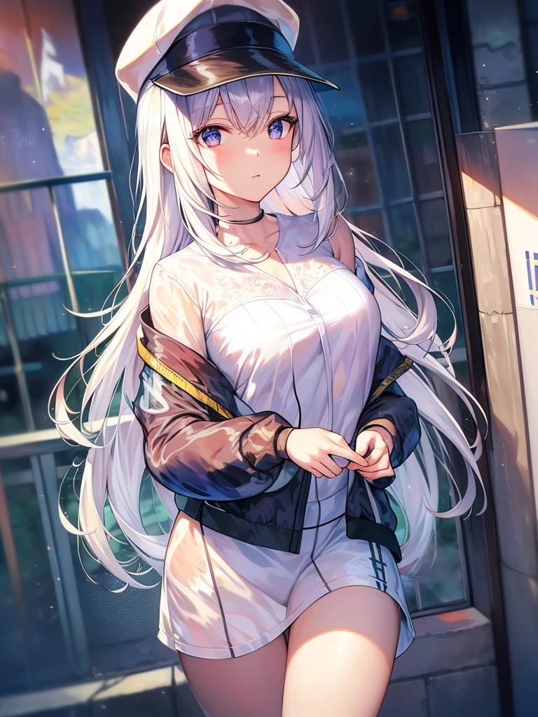 masterpiece, best quality, 4K, Ultra HD, Sanzhuang City, , Beautiful eyes and delicate face, illustration, Exquisite and detailed, high resolution illustration, Luminescence_White_particle, 1 Girl, White hair, Lilac eyes, Hair covering one eye, Short side details, Baseball cap,Poker face, curtain, Black jacket, Chest hanging, Cyberpunk, Technical clothing,(Impressionism:1.4)