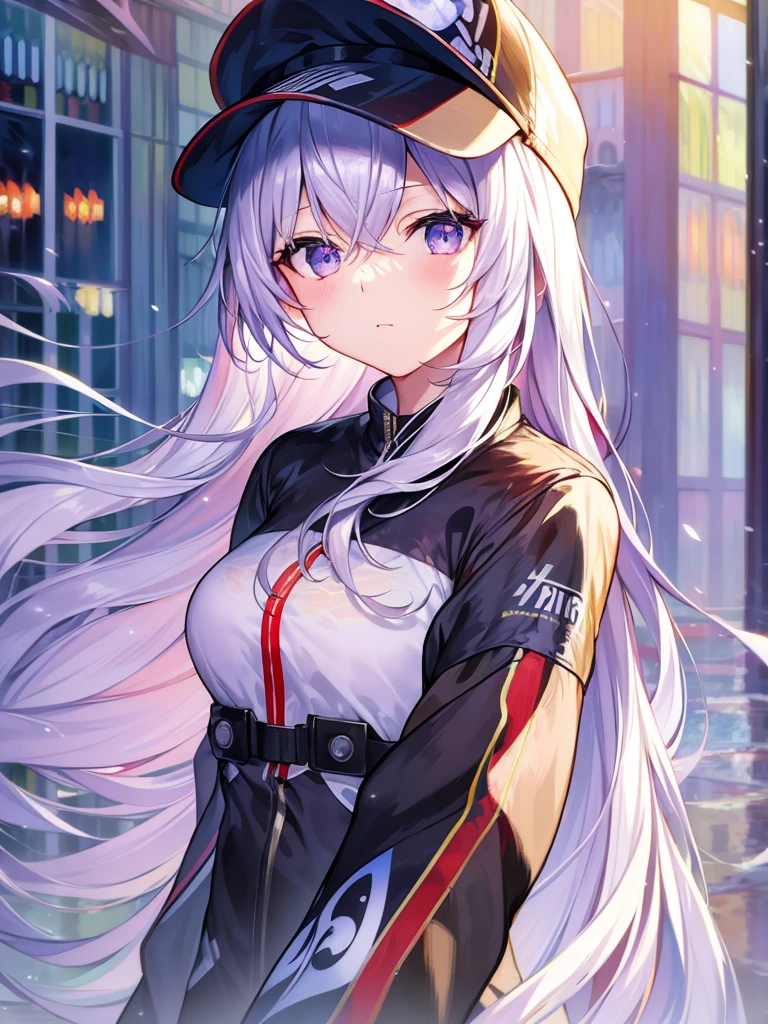 masterpiece, best quality, 4K, Ultra HD, Sanzhuang City, , Beautiful eyes and delicate face, illustration, Exquisite and detailed, high resolution illustration, Luminescence_White_particle, 1 Girl, White hair, Lilac eyes, Hair covering one eye, Short side details, Baseball cap,Poker face, curtain, Black jacket, Chest hanging, Cyberpunk, Technical clothing,(Impressionism:1.4)