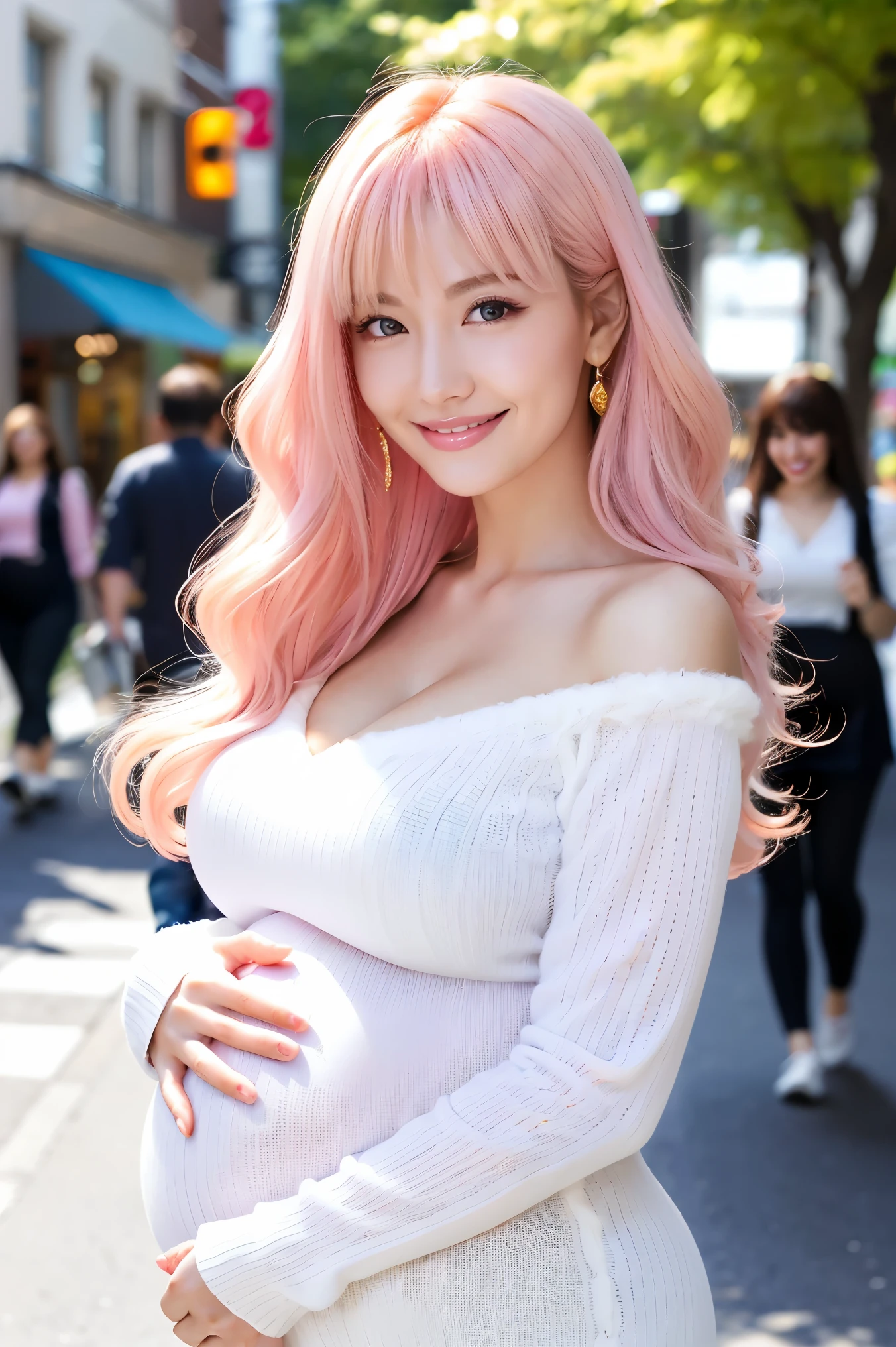 (Tabletop、highest quality、8k、Award-winning works、Ultra-high resolution)、One beautiful woman、(The perfect fluffy white V-neck long sleeve knit:1.3)、(golden and pink hair:1.2)、(bionde:1.2)、Bright color contacts、Perfect Makeup、Bright and shiny lipstick、(Very heavy makeup:1.1)、(Pink Eyeshadow:1.1)、Large Breasts、((huge pregnant))、(Voluptuous body:1.1)、Heavy makeup around the eyes、Very long wavy hair、The best smile you ever had when you saw me、(Accentuate your body lines:1.1)、(Strongly blurred vibrant Harajuku streetscape background:1.1)、(Strongly blurred background:1.1)、Accurate anatomy、Ultra HD Hair、(Ultra-high resolution for perfect, beautiful teeth:1.1)、Ultra-high definition beauty face、Ultra HD Hair、Ultra HD Shining Eyes、Shining, Ultra-high resolution beautiful skin、Ultra-high resolutionの艶やかな唇、Full-body photo of a person standing gracefully