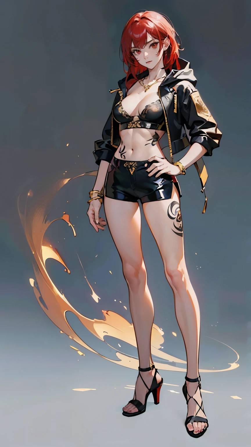 ((masterpiece,best quality,8k,highres)),((character concept art)), 1 female, adult, middle-age woman, demon, devil, fighter, 192cm height, long hair, flat bangs(red hair colour), ultra finely detailed eyes, red eyes colour(bright), extraordinary gorgeous, playful, shapely breasts, hourglass body shape ((muscular))(sexy), ((intricate detail)), super finely detailed hands, ultra finely detailed fingers(((ten fingers))), (fashion sport bra),(black mix gold colour outfit)(stylish), (cropped leather hooded jacket), short hot pants(black), black shoes, gold necklace, gold bracelet, a lot tattoo, tattoo on arms, tattoo on legs, (standing still), (full body showcase), (show full body), (no logos on background), (no logo), ((plain background)), (((empty hands))), ((plain background)), (((empty background)))