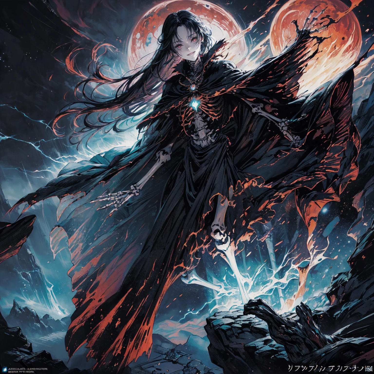 (full body shot:1.5), (Wide-angle lens:1.2), (black hair:1.5), best quality, 4K, high resolution, (masterpiece:1.2), Very detailed, (current:1.37), (Anatomically correct:1.2), Mood lighting, Undead girl in a long cloak, (Torso and limb is skeleton bone but head is still beautiful human face:1.2), Wearing a tattered gothic skirt, A sense of alienation, Dangerous sneer, Smiling and crying, Dark Force (StarWar), Force lightning radiates from fingertips, Facing the camera, Pitch black sky, Blood red moon, strange atmosphere, Gothic style, Unforgettable beauty, Dramatic shadows, Ethereal Light, Mysterious atmosphere, Resurrection from the grave, The Black Magic, Dead, Anime characters with black hair, Detailed cover design, Anime epic artwork, detailed key anime art, Be focused, dark fantasy artwork, Anime Fantasy Artwork, Official artwork with high detail, Dark Witch Panorama, Lich Vecna (d&d)