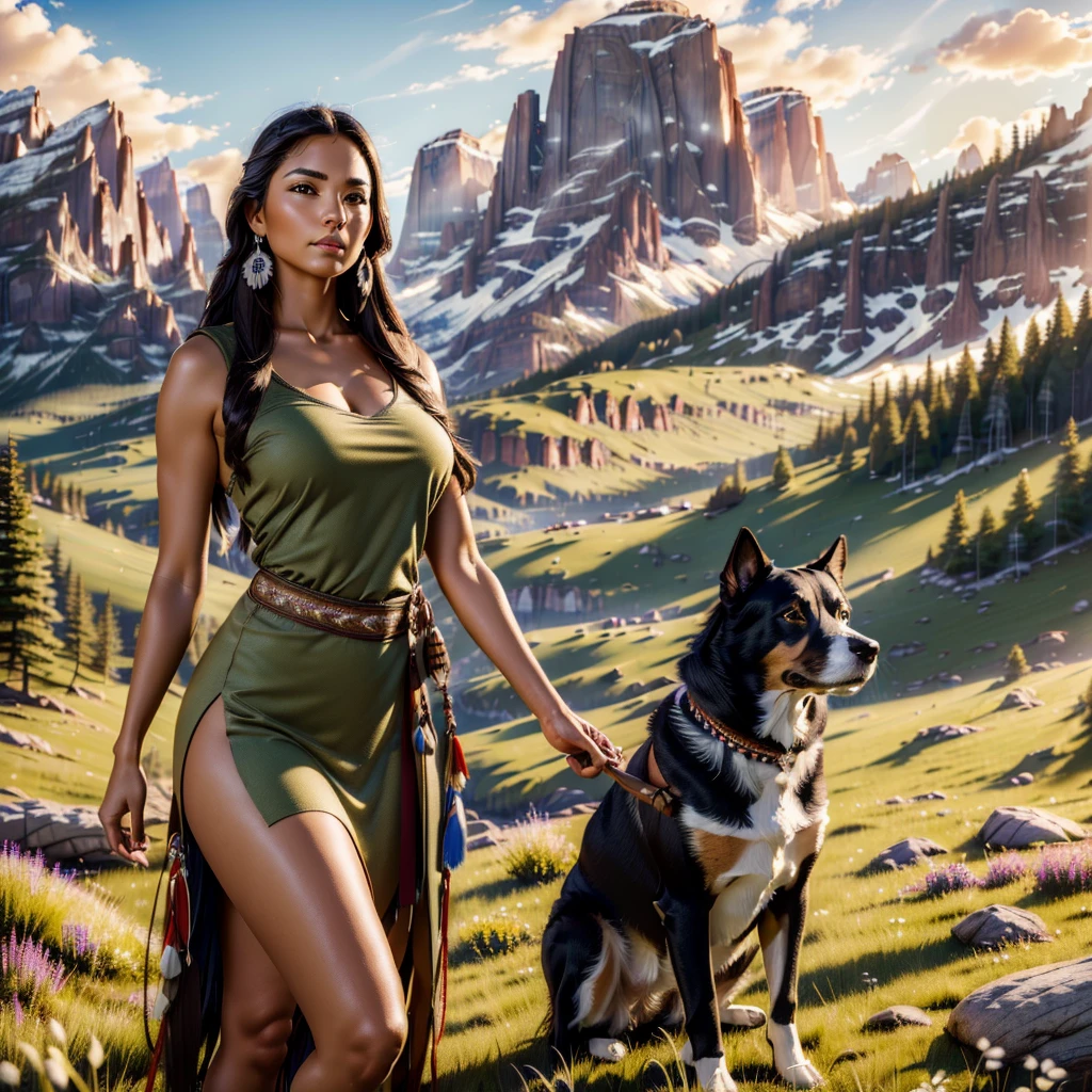 a beautiful native north american woman in sexy native American clothes with her dog, green grass, trees, flowers, mountains, full-lenght, high detailed, realistic full-lenght photo ((best quality)), ((masterpiece)), detailed soft oil painting, detailed background, dramatic cinematic lighting, soft edge lighting, professional, dramatic lighting, hard edge lighting, ultra quality, 4k,(masteriece, best quality, 8k, ultra highres, highres:1.4), extremely detailed