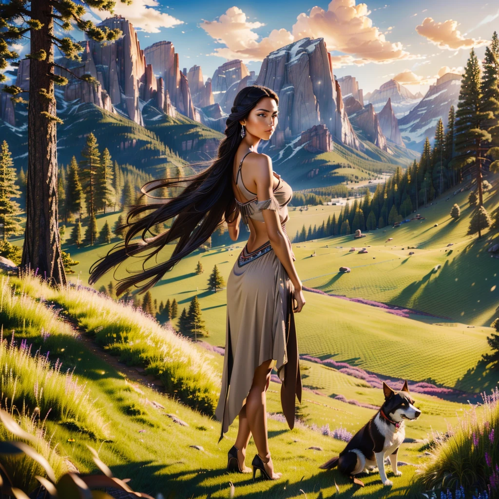 a beautiful native north american woman in sexy native American clothes with her dog, green grass, trees, flowers, mountains, full-lenght, high detailed, realistic full-lenght photo ((best quality)), ((masterpiece)), detailed soft oil painting, detailed background, dramatic cinematic lighting, soft edge lighting, professional, dramatic lighting, hard edge lighting, ultra quality, 4k,(masteriece, best quality, 8k, ultra highres, highres:1.4), extremely detailed