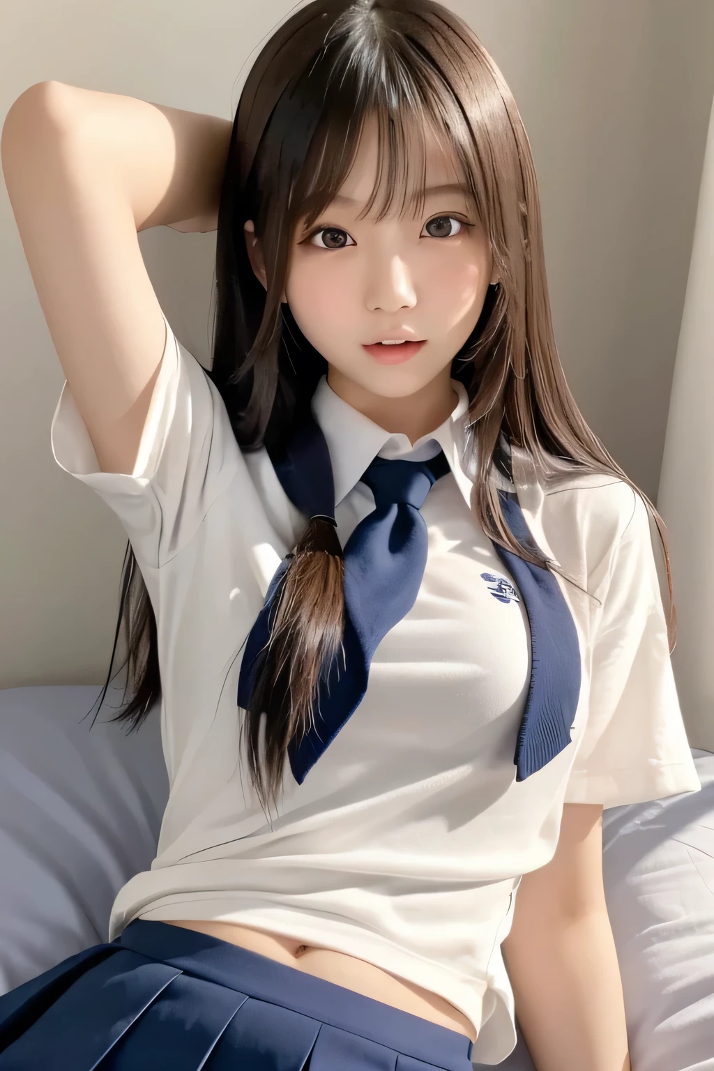 (Cute Japanese Girls), Sexy 18 year old girl, (The cutest faces), Thin chest, Thin thighs, Straight hair, On the bed, (((school uniform))), ((model like sexy pose)), (expression in orgasm), ((lying on)), 