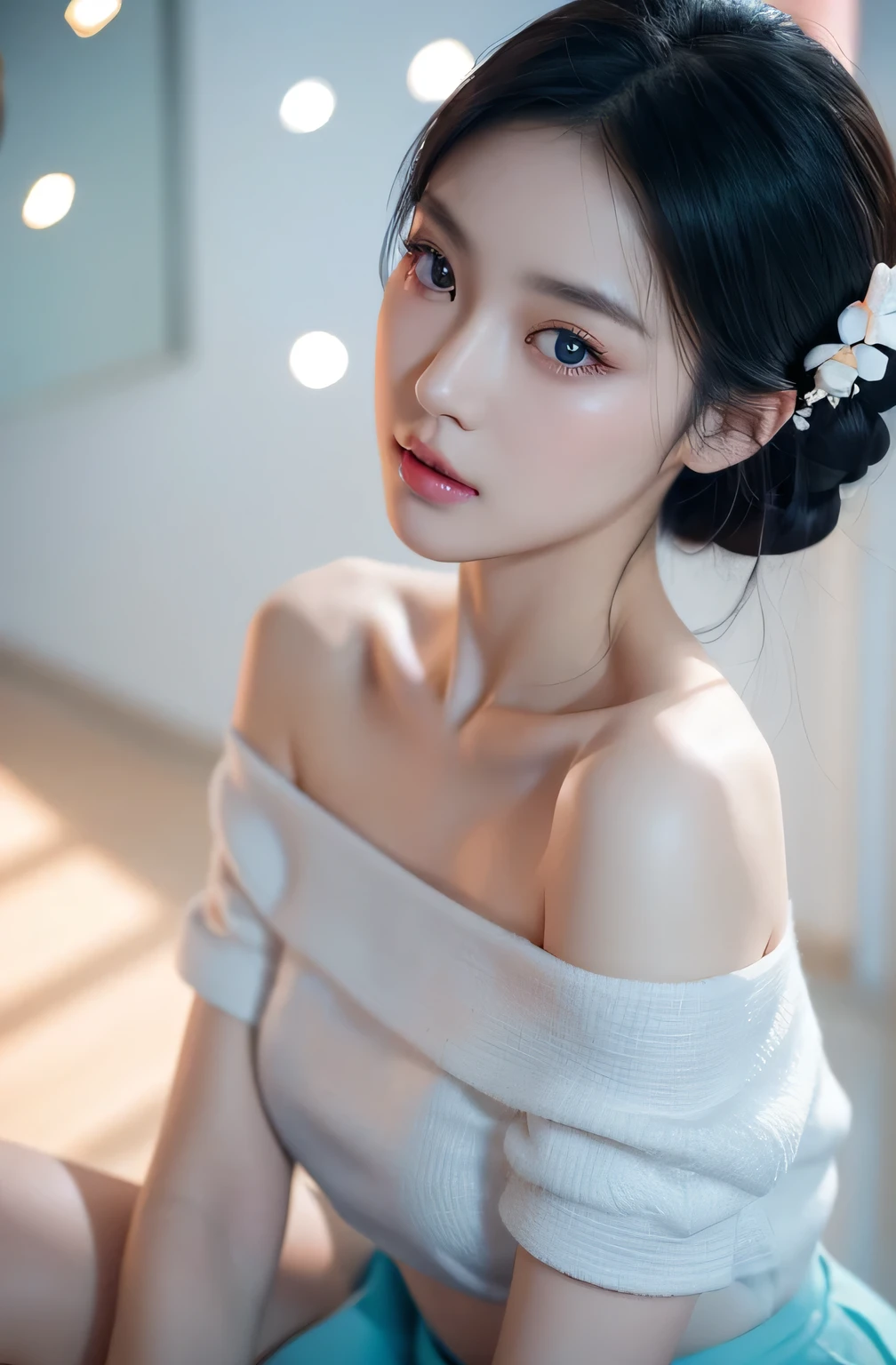 Fashionable beautiful woman, Gentle and charming Chinese beauty, Exquisite and sexy clavicle, Charming oval face, Double eyelids, Bright peach blossom eyes, Pink lips, Small nose, Bare shoulders, Face Focused, Close-up of face, Ultra HD, Very detailed, The white off-shoulder shirt matches the light blue slit skirt perfectly, fresh and impressive