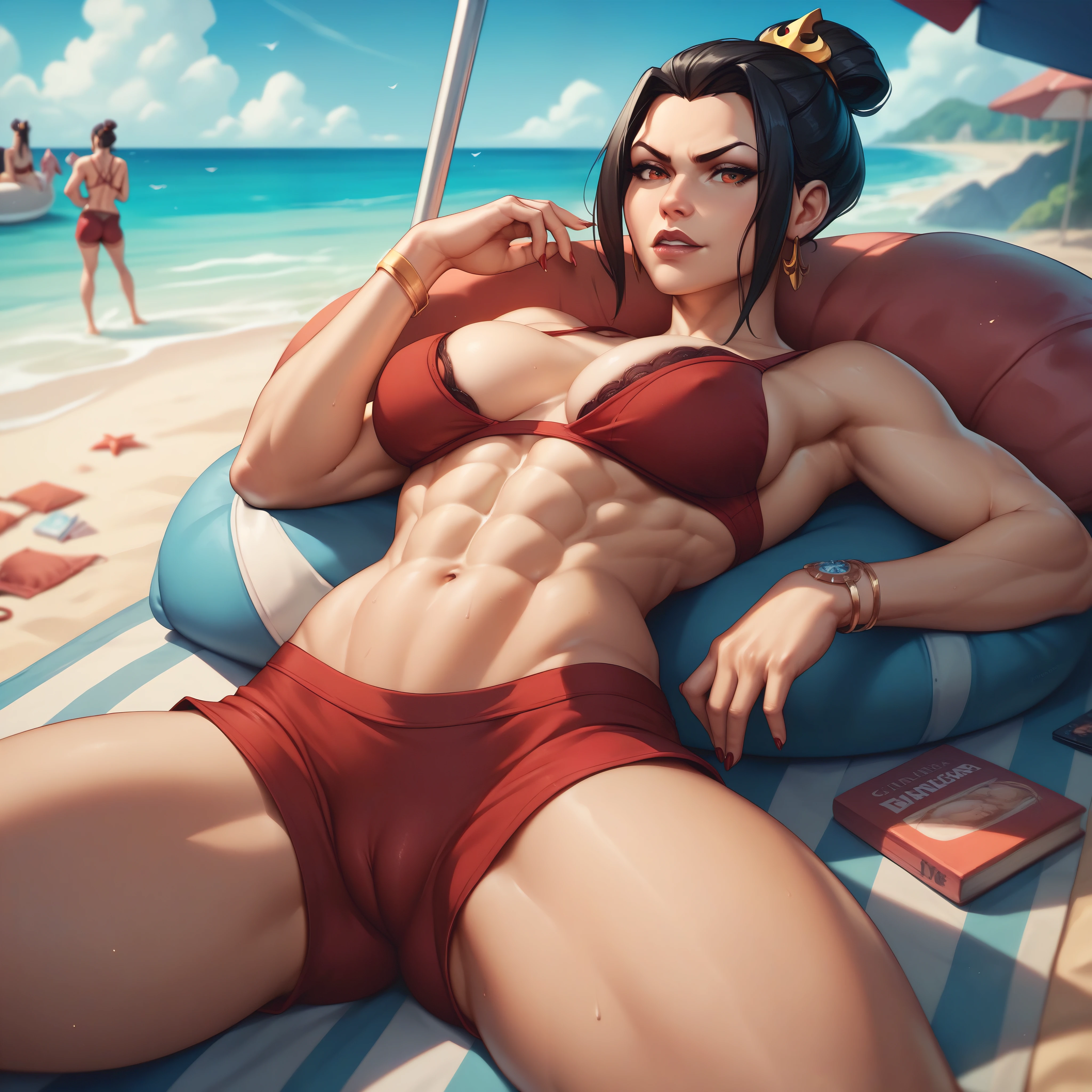 score_9, score_8_up, score_7_up, score_6_up, 8k Azula from avatar , black hair, and ,toned in red shorts, cameltoe, at beach,, fit,bottomless ,big ,(( in bra,clevege))