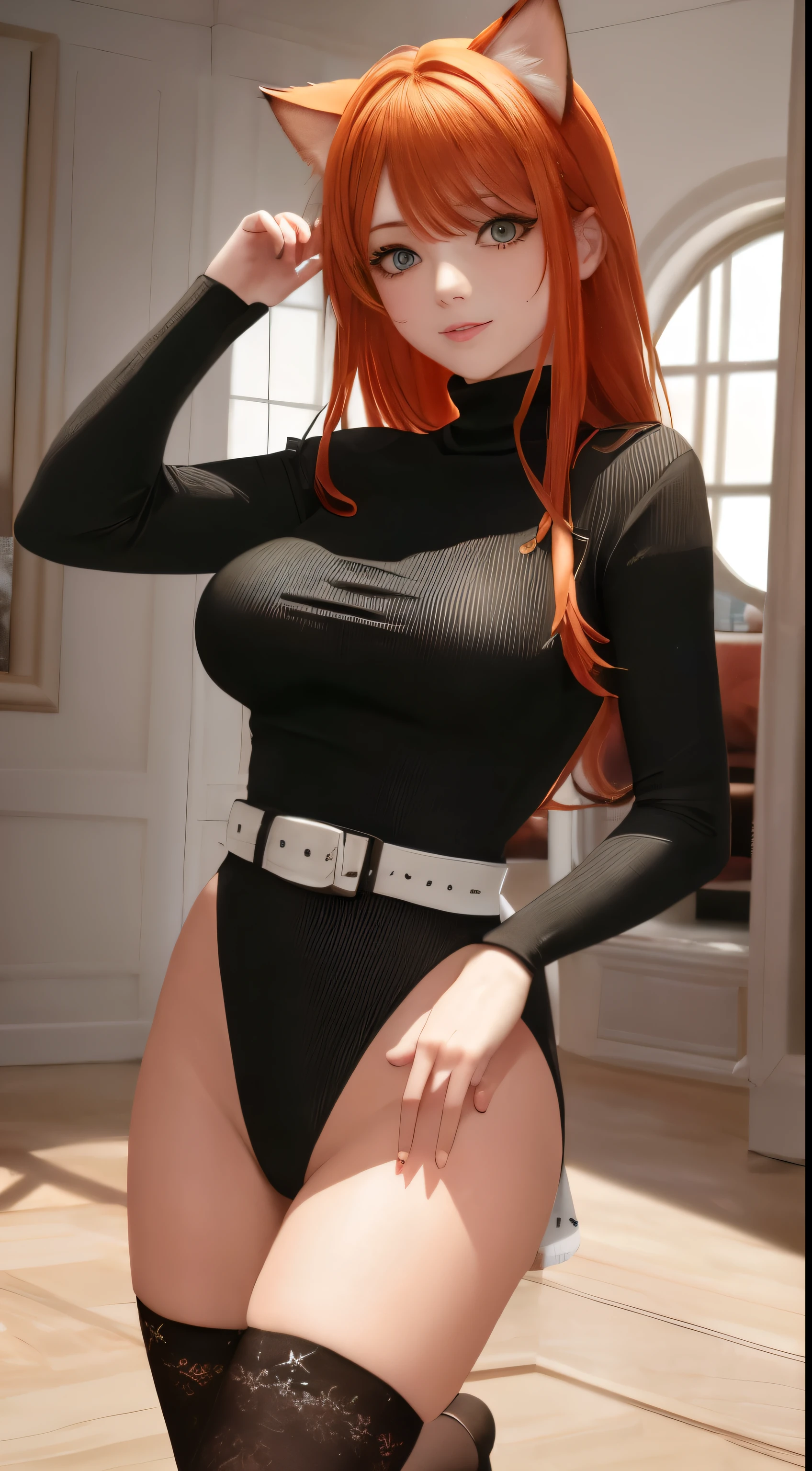 mother, Masterpiece, Best quality, ultra detailed, Beautiful lighting, 1 girl, Orange hair, cat ear, Green eyes, freckles, turtleneck top, I look at the viewer, detailed black stockings with belt, juicy ass
