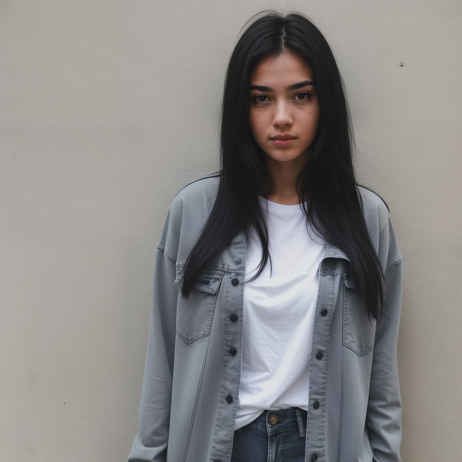 a 18 YO beautiful Girl with black hair, she is wearing a large plain black long Sleeve T-shirt and denim front of grey wall