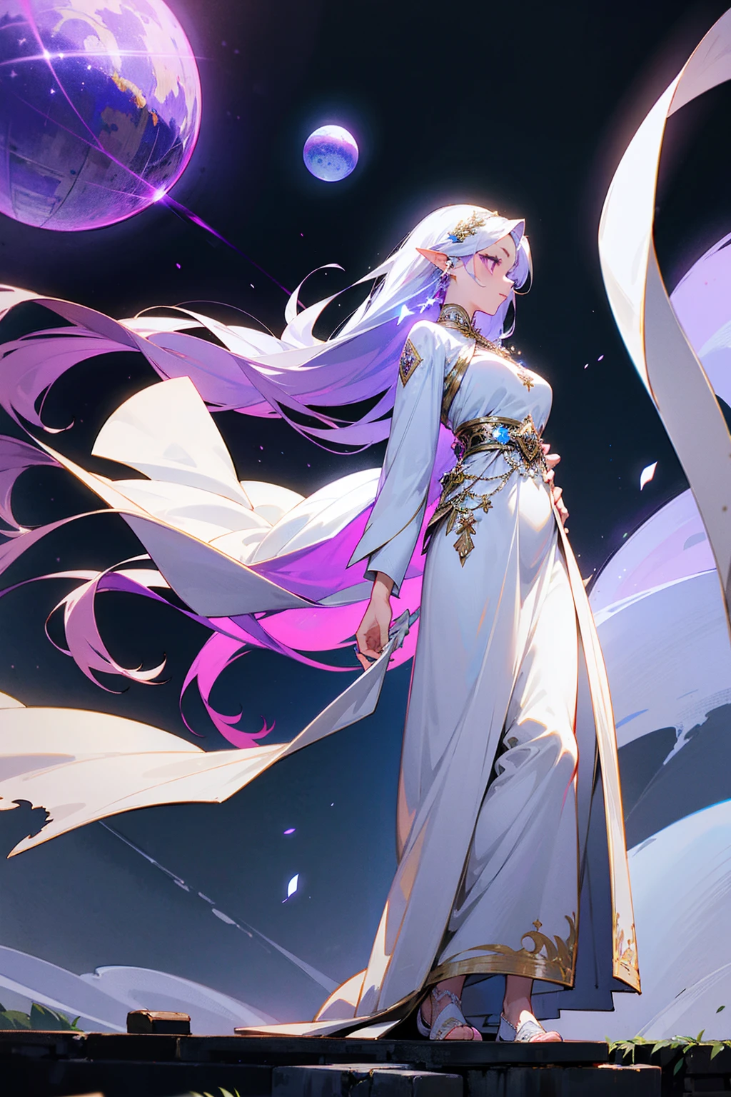 1female, long straight silver hair, violet eyes, ethereal aura, white flowing gown with star embroidery, white slippers, ancient ruins background with glowing orbs, detailed face, masterpiece, 8k, standing on path